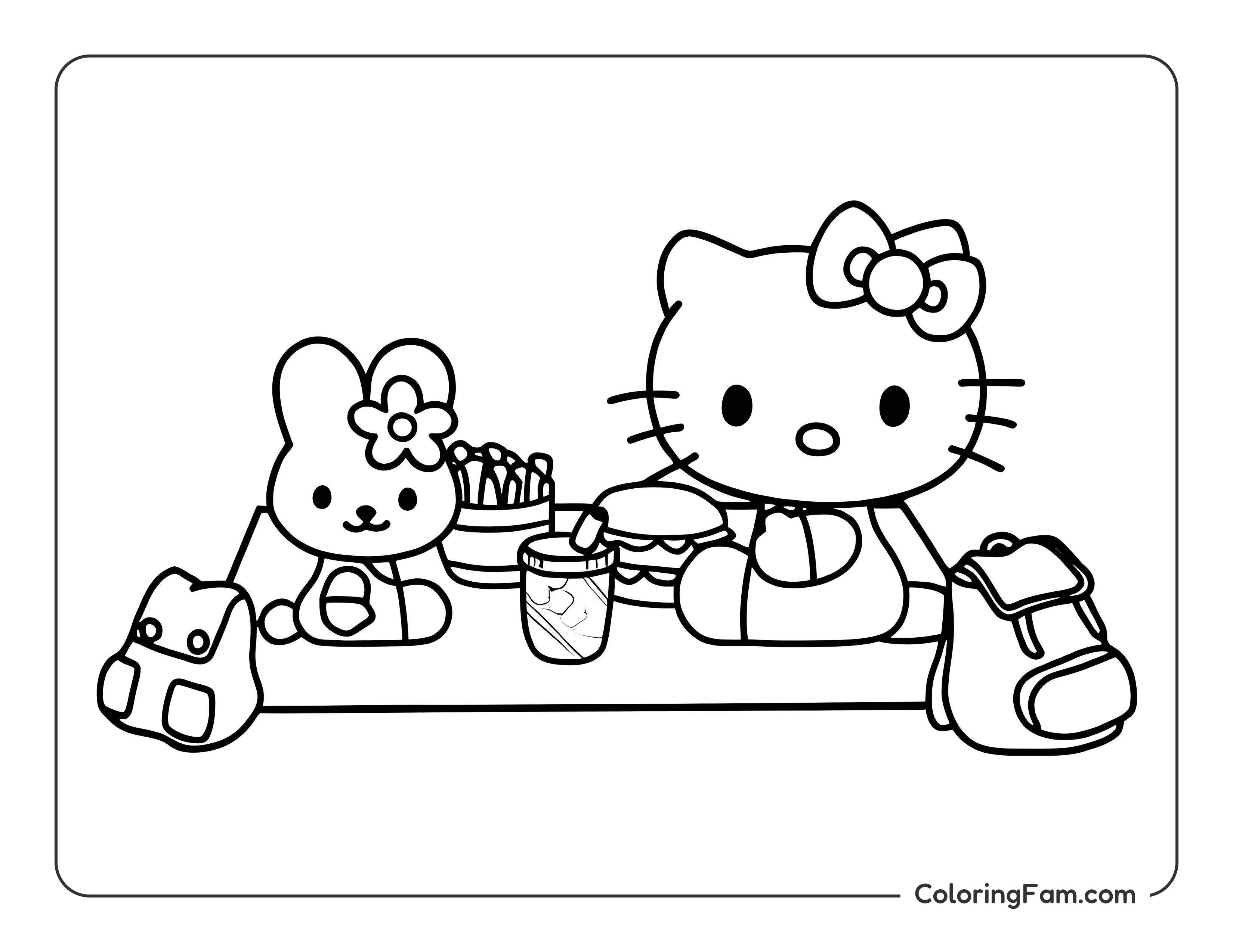 Hello Kitty with friends picnic coloring page