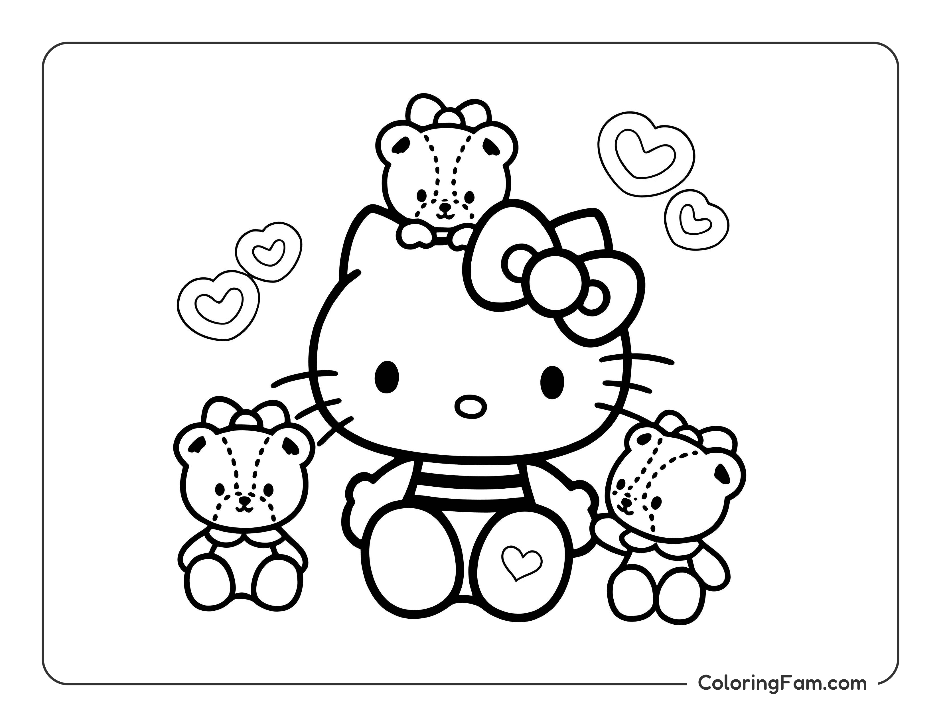 Hello Kitty with teddy bears coloring page