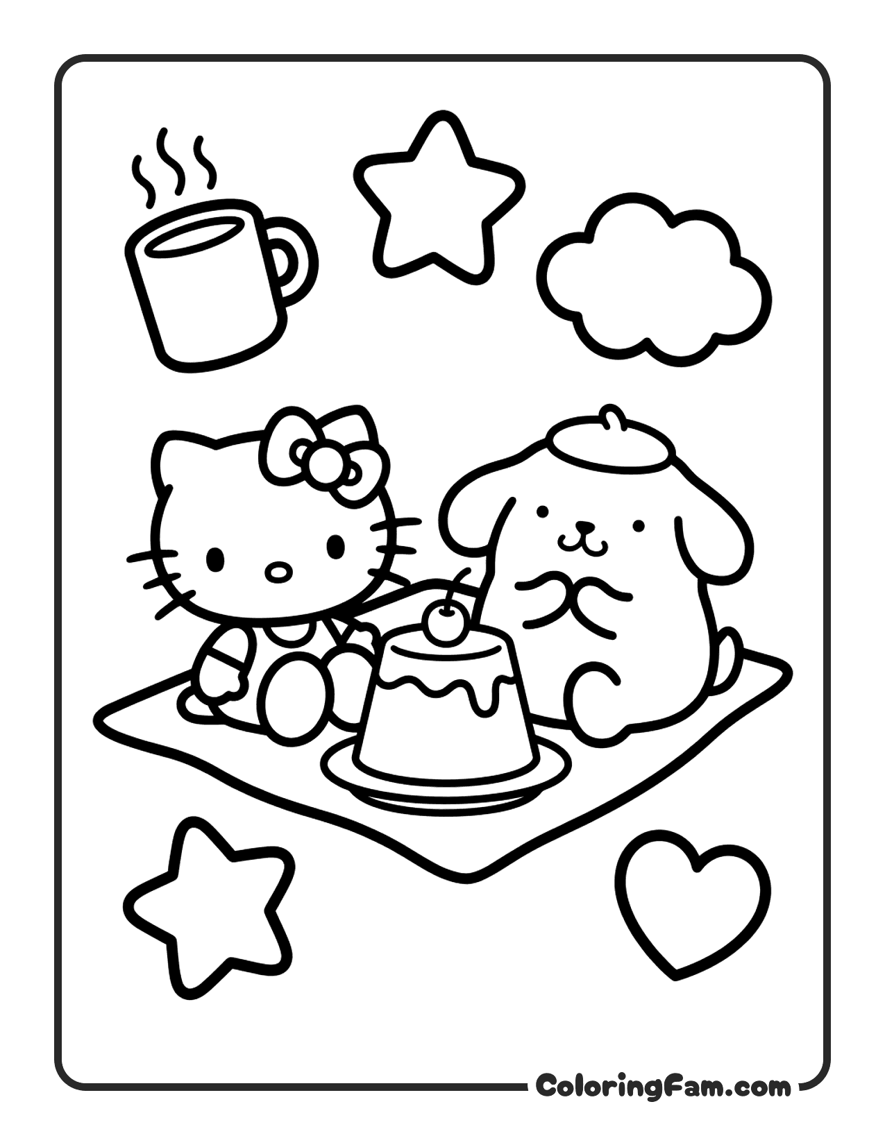 Hello Kitty And Pompompurin Sitting Together coloring page