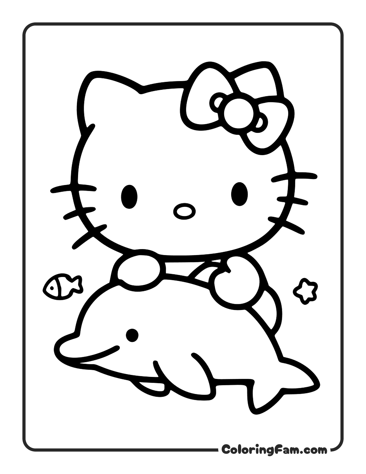 Hello Kitty Riding A Dolphin In The Ocean coloring page