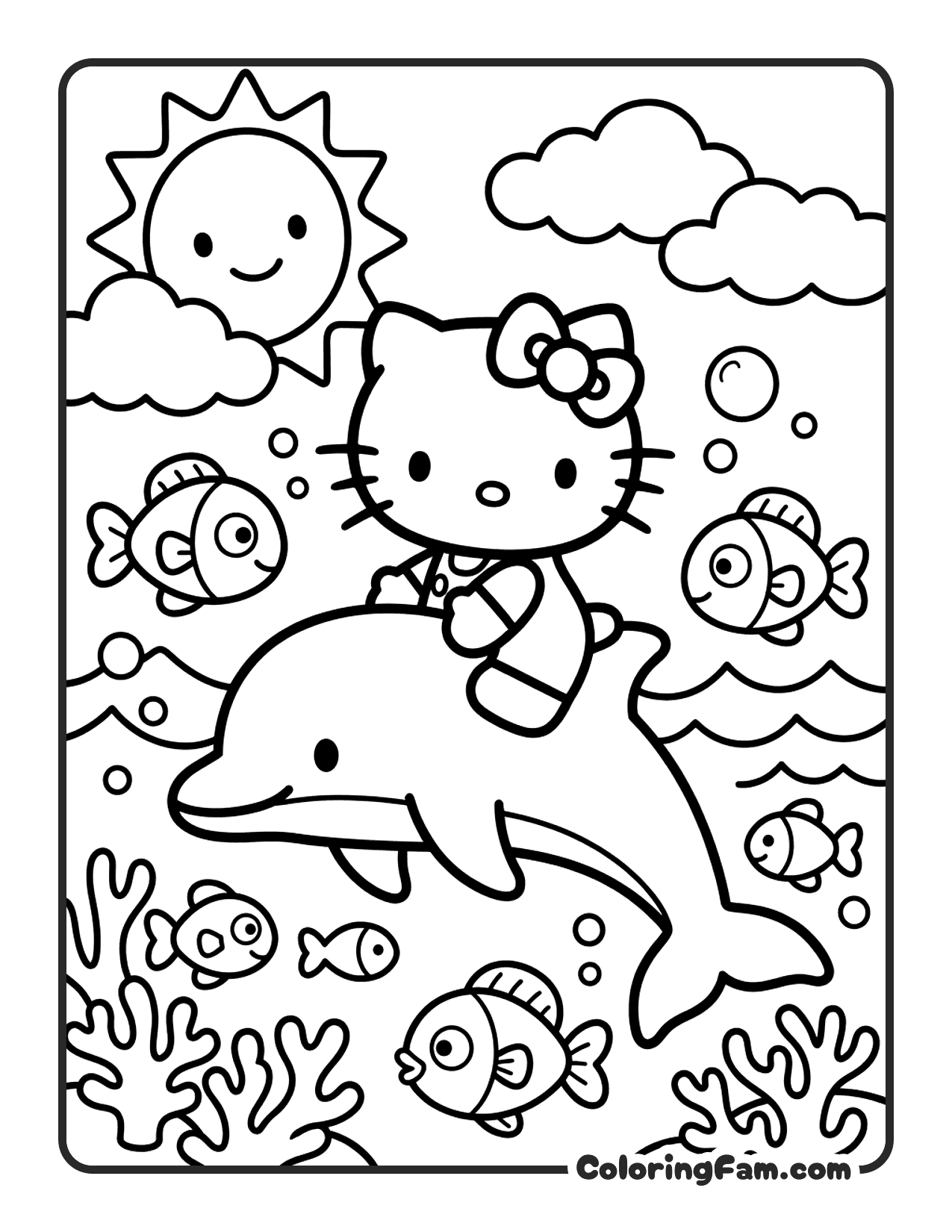 Hello Kitty riding a dolphin coloring page
