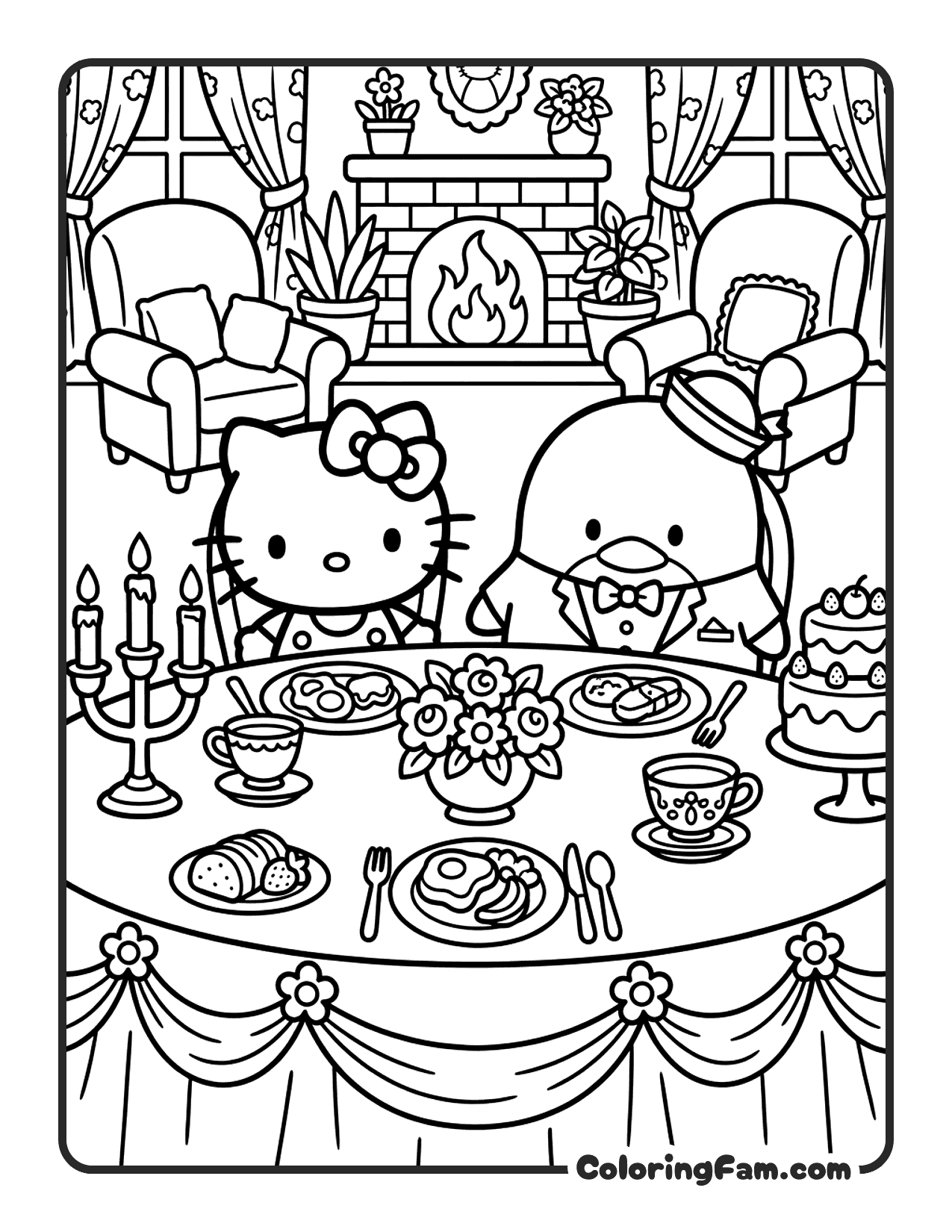 Hello Kitty And Tuxedo Sam At A Fancy Dinner coloring page