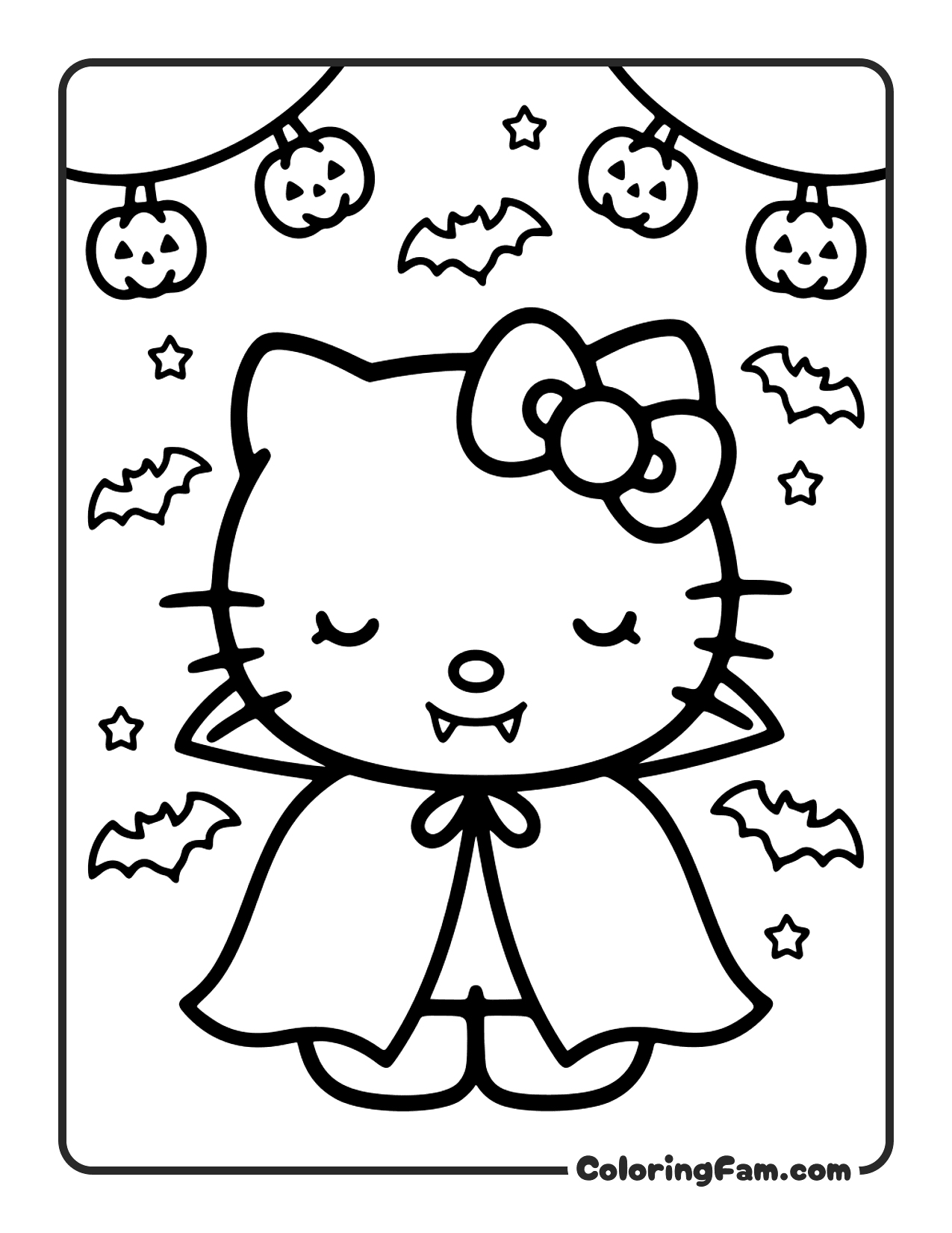 Hello Kitty Dressed As A Vampire With A Cape coloring page