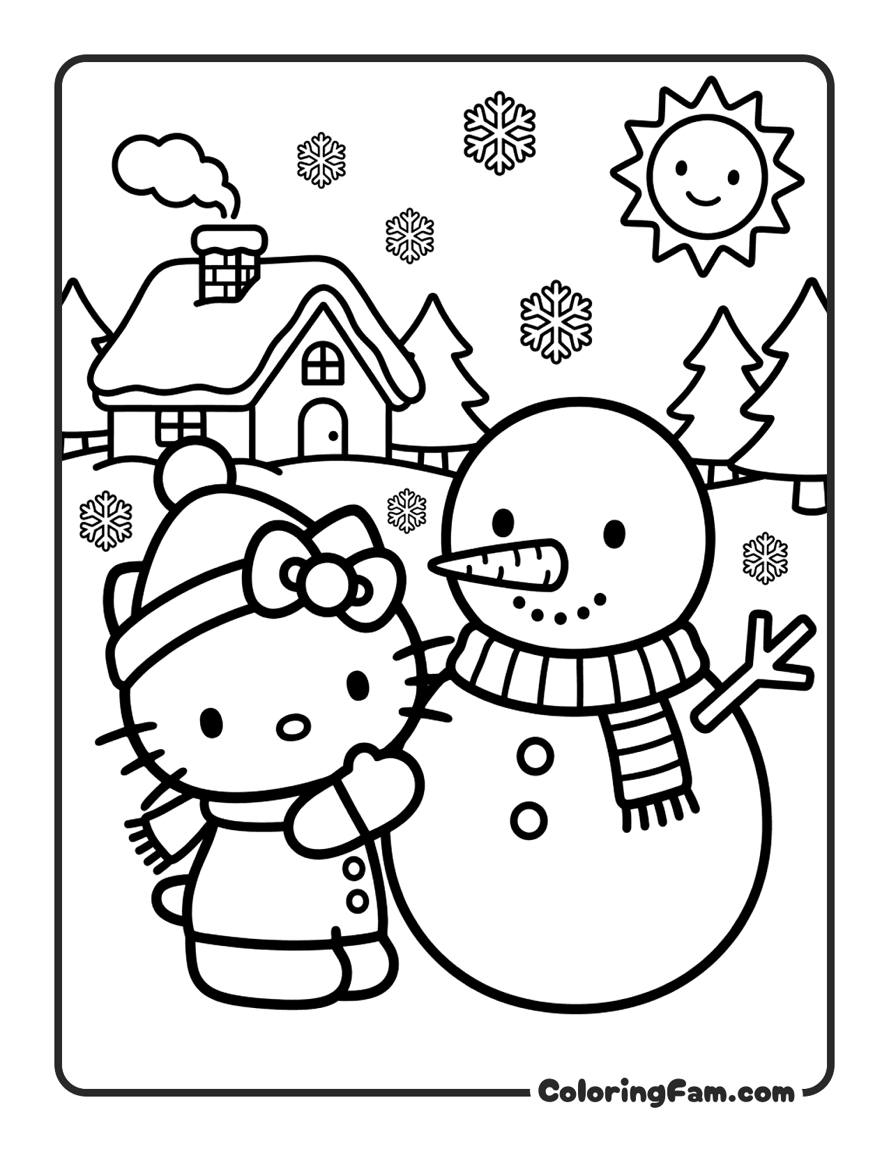 Hello Kitty Building A Snowman With A Scarf coloring page