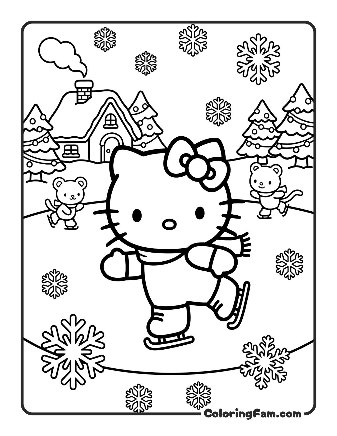 Hello Kitty Ice Skating On A Frozen Pond coloring page