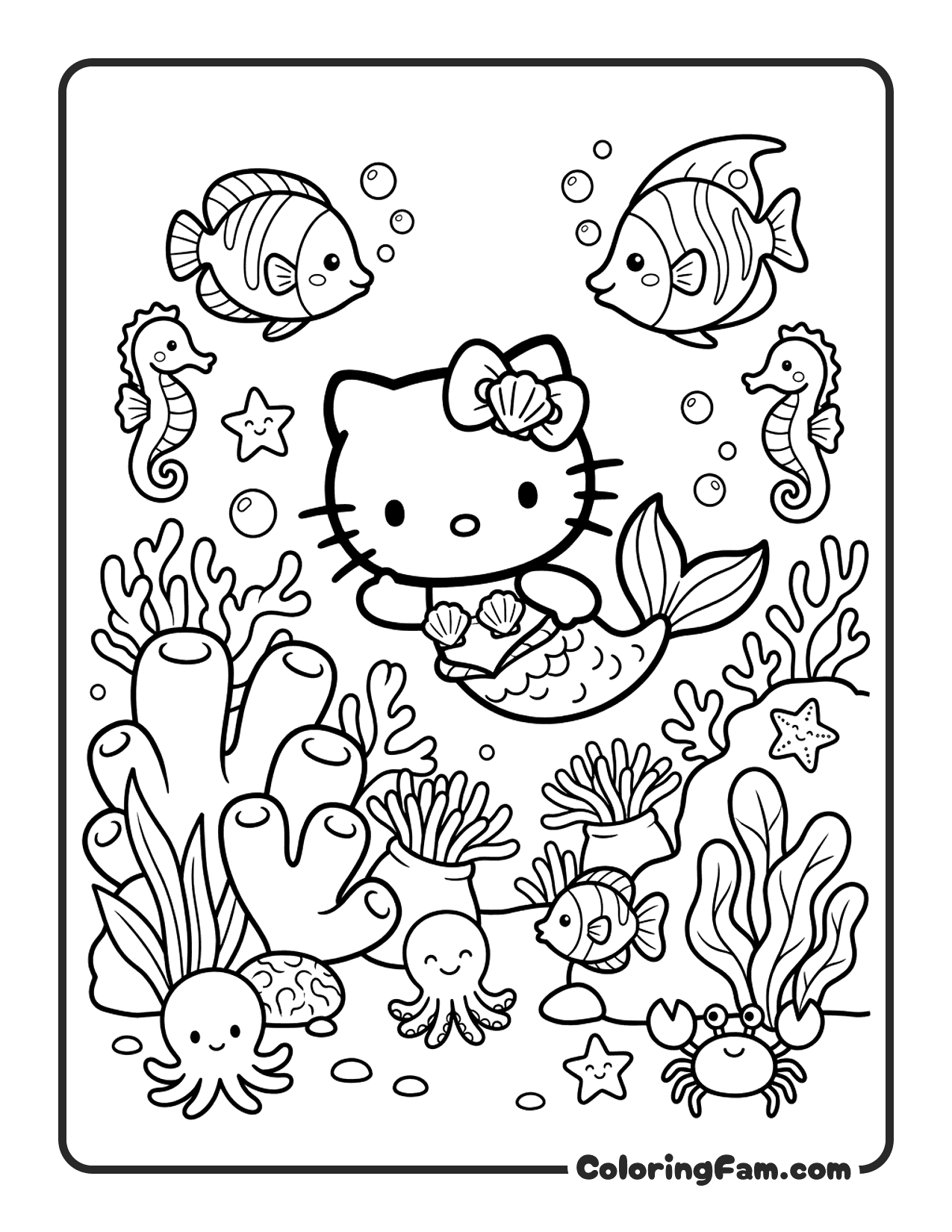 Hello Kitty As A Mermaid Swimming Underwater coloring page