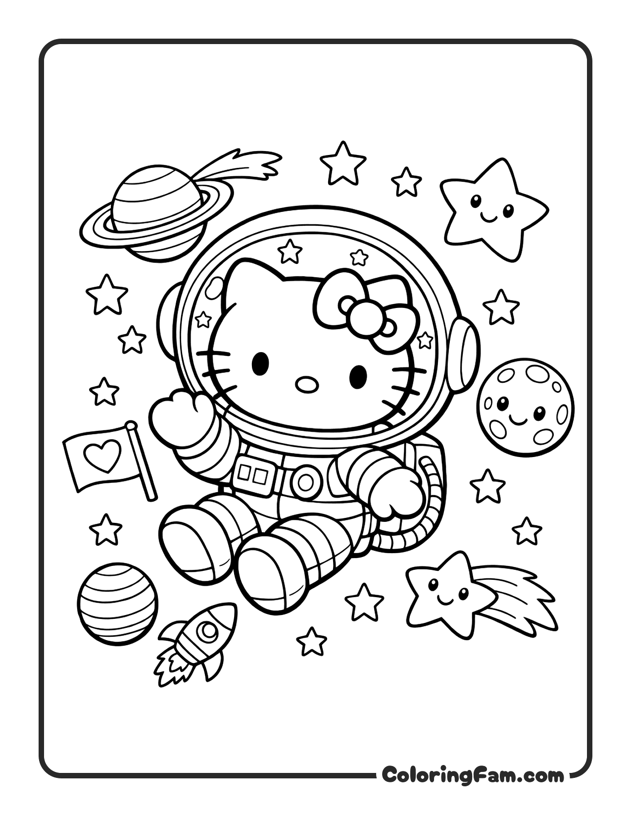 Hello Kitty As An Astronaut Floating In Space coloring page