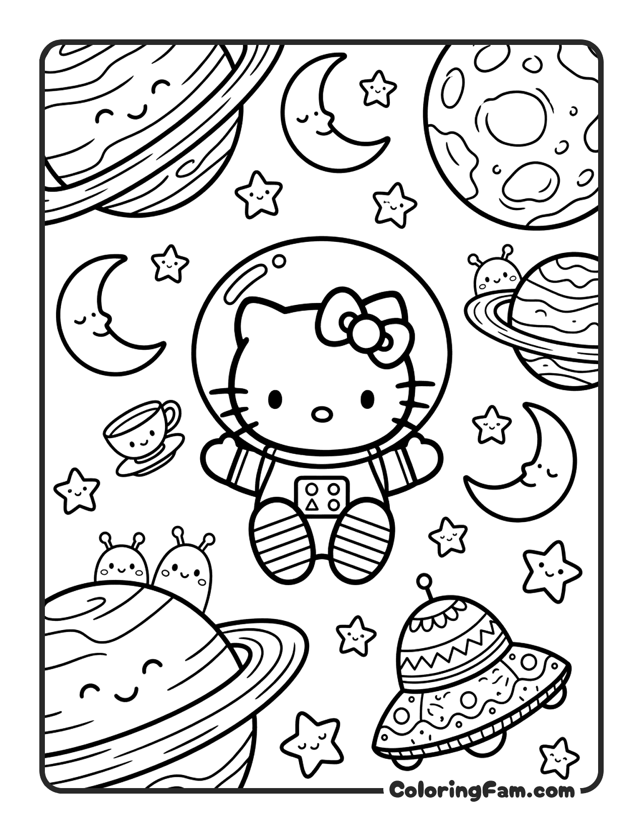 Hello Kitty As An Astronaut Floating In Space coloring page