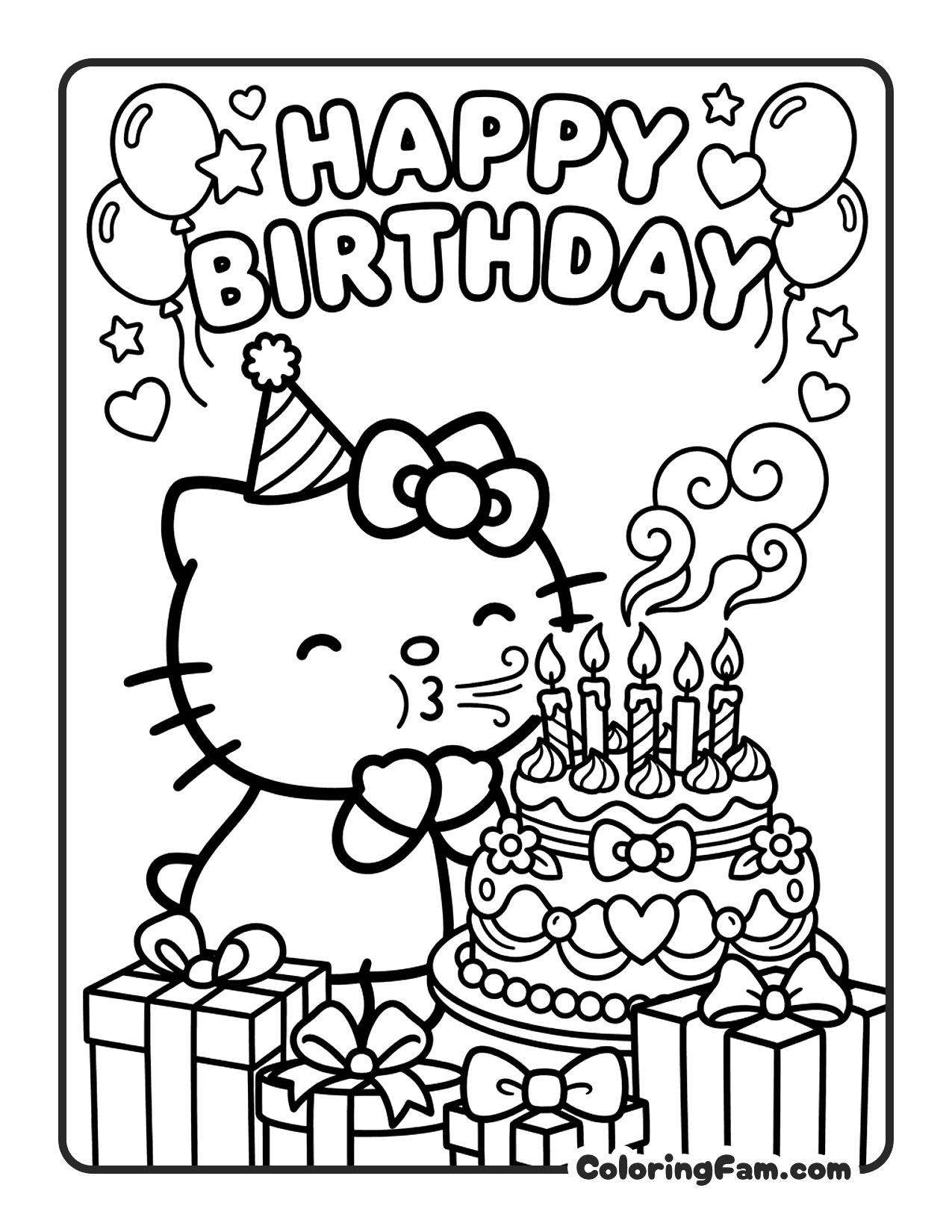 Hello Kitty Blowing Out Candles On A Big coloring page