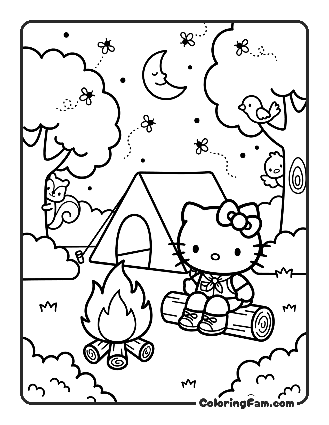 Hello Kitty Camping In A Forest coloring page
