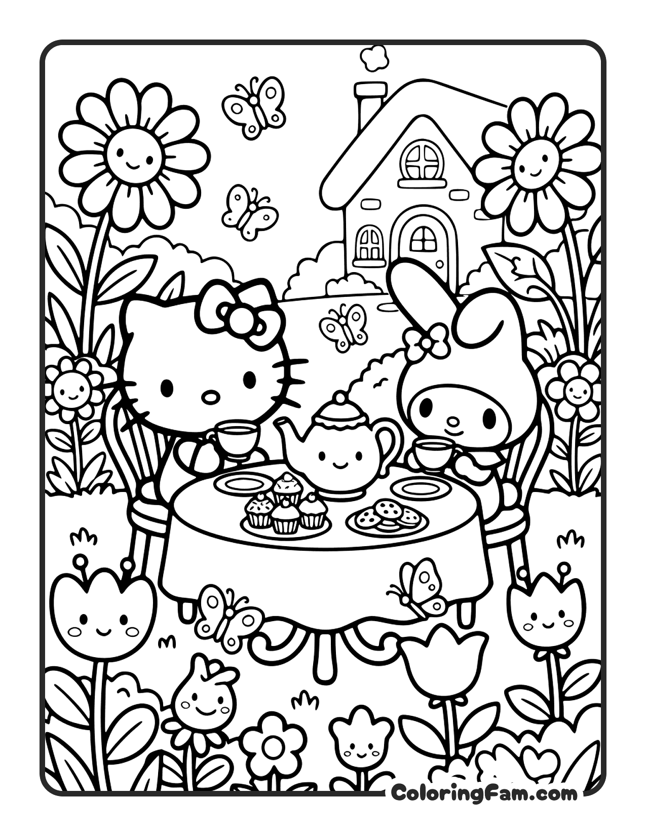 Hello Kitty Having A Tea Party In A Flower coloring page