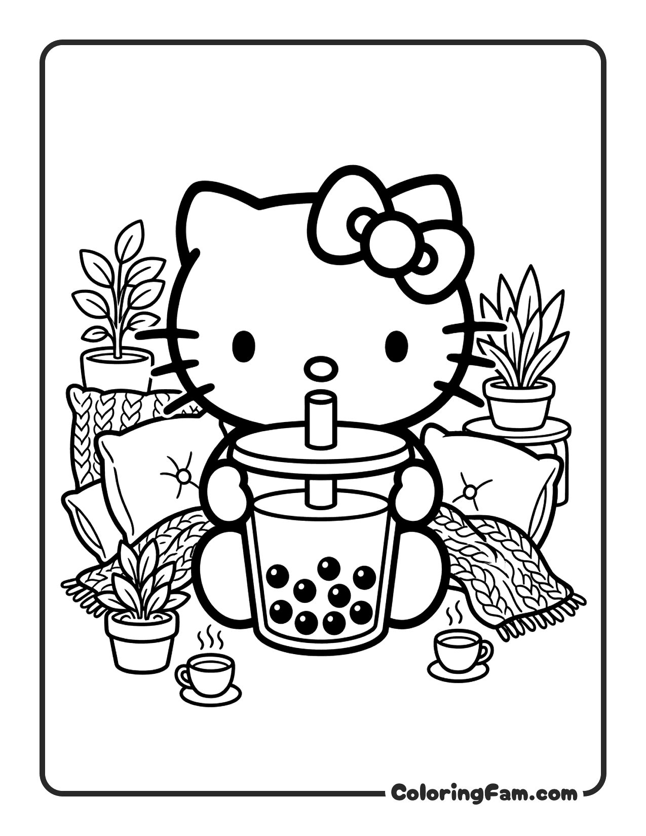 Hello Kitty Holding A Big Bubble Tea Cup coloring page