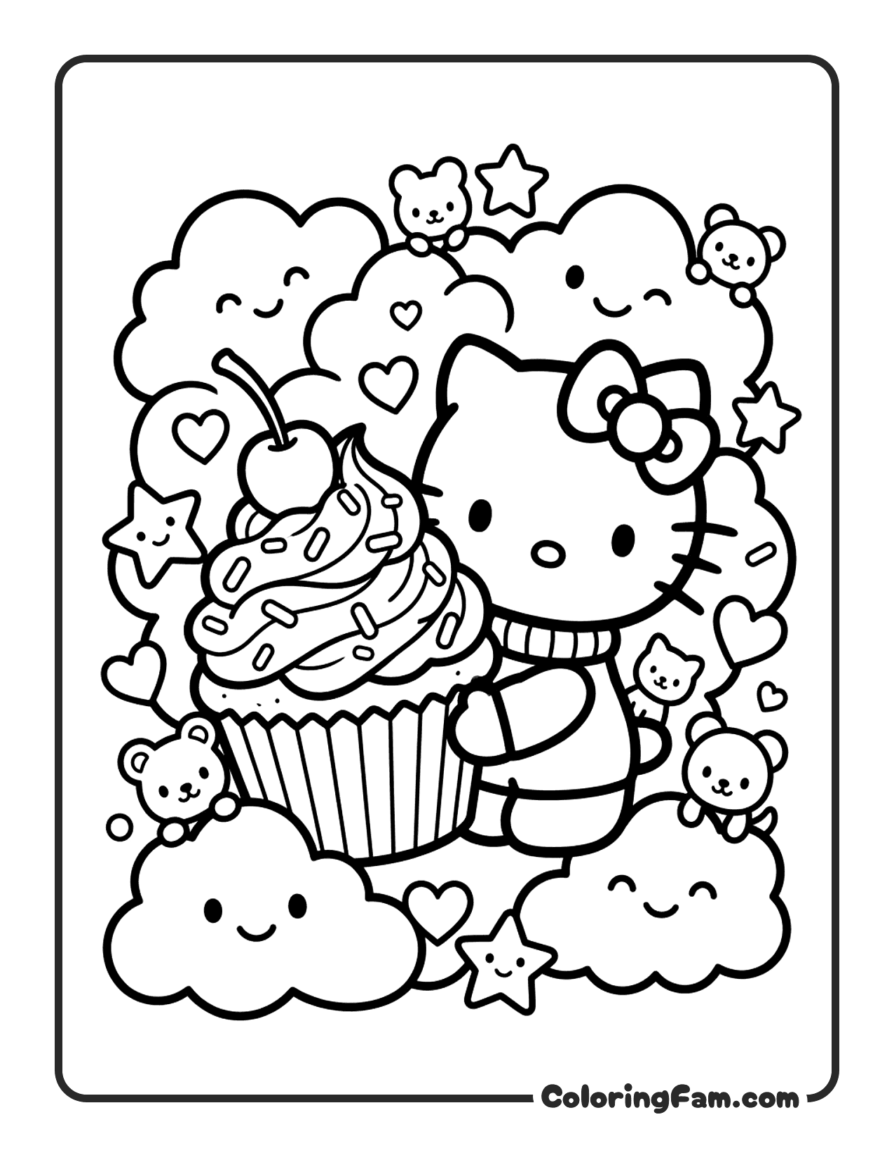 Hello Kitty Holding A Giant Cupcake coloring page