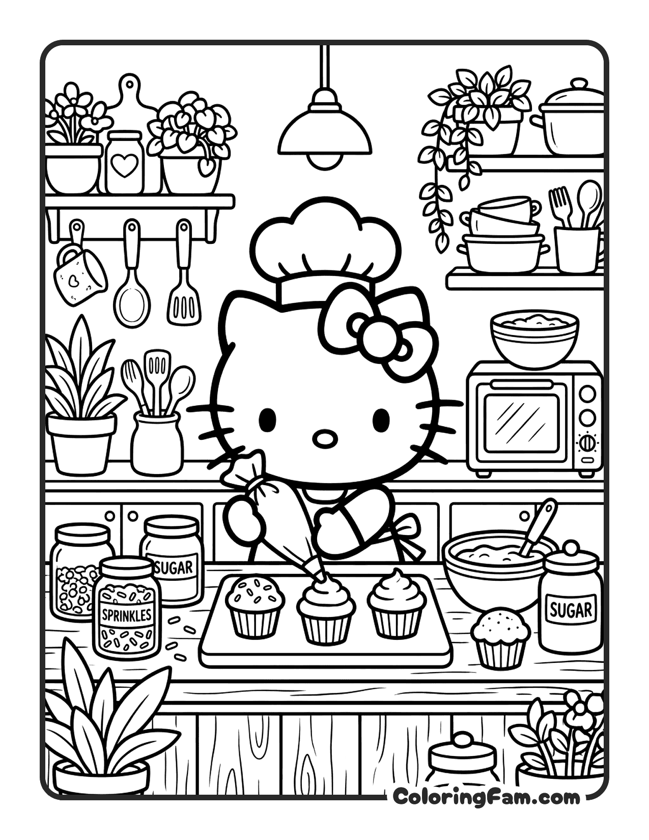 Hello Kitty In A Cozy Bakery Kitchen coloring page