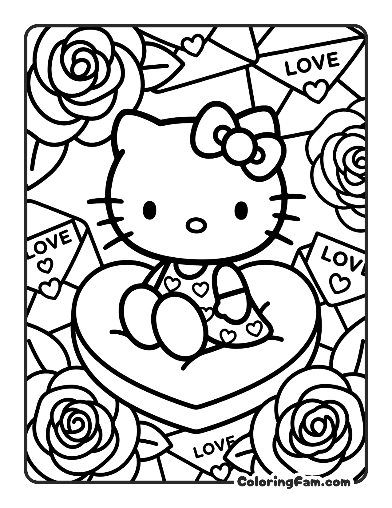 Hello Kitty on heart with roses coloring page