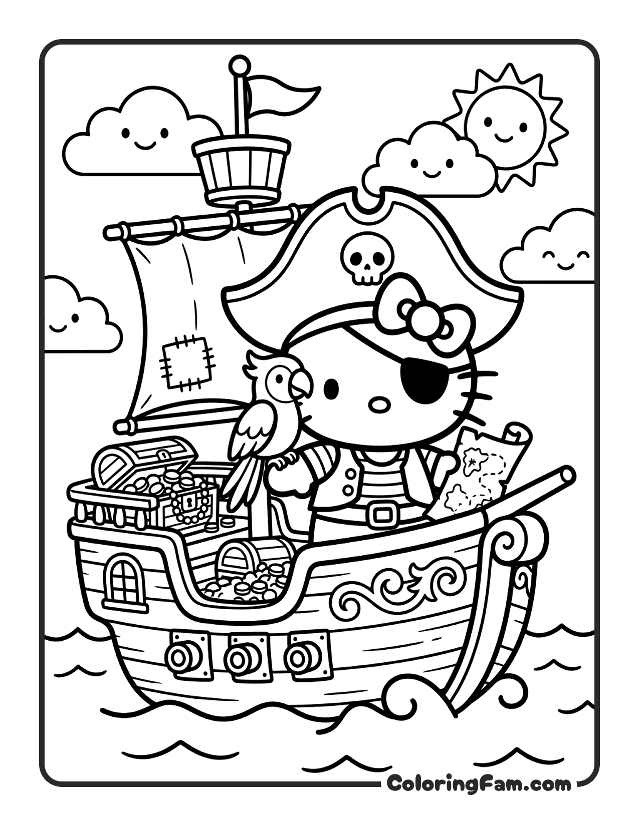 Hello Kitty Pirate Captain On A Small Ship coloring page