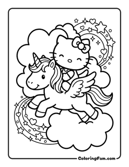 Hello Kitty riding a unicorn coloring page