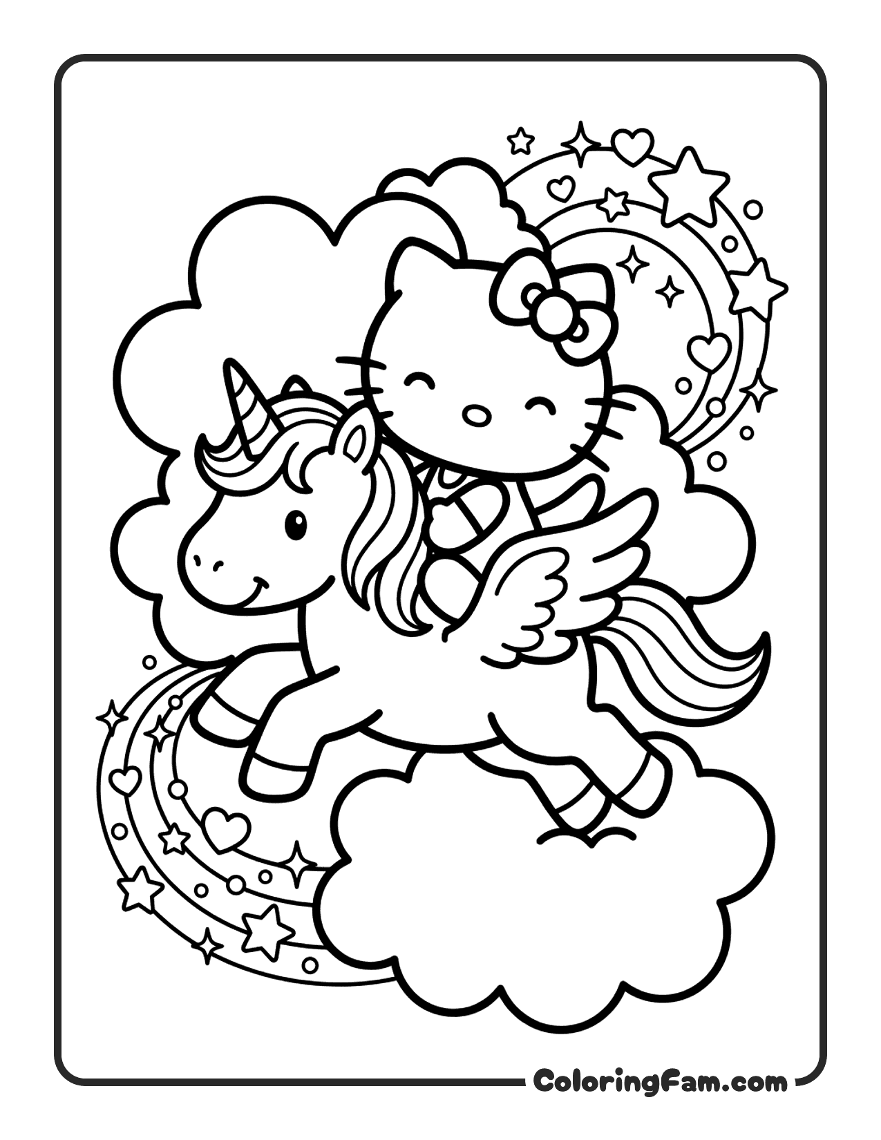 Hello Kitty riding a unicorn coloring page