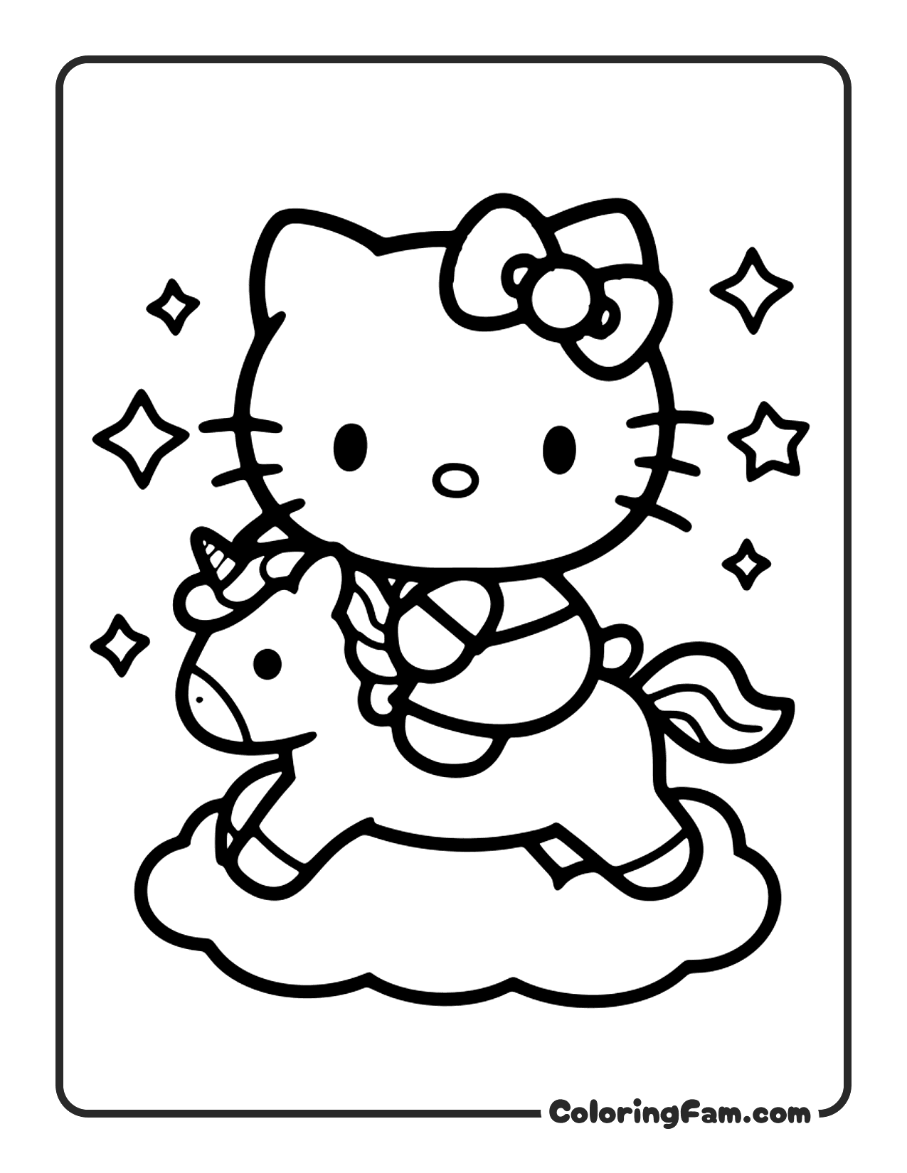 Hello Kitty Riding A Magical Unicorn Through coloring page
