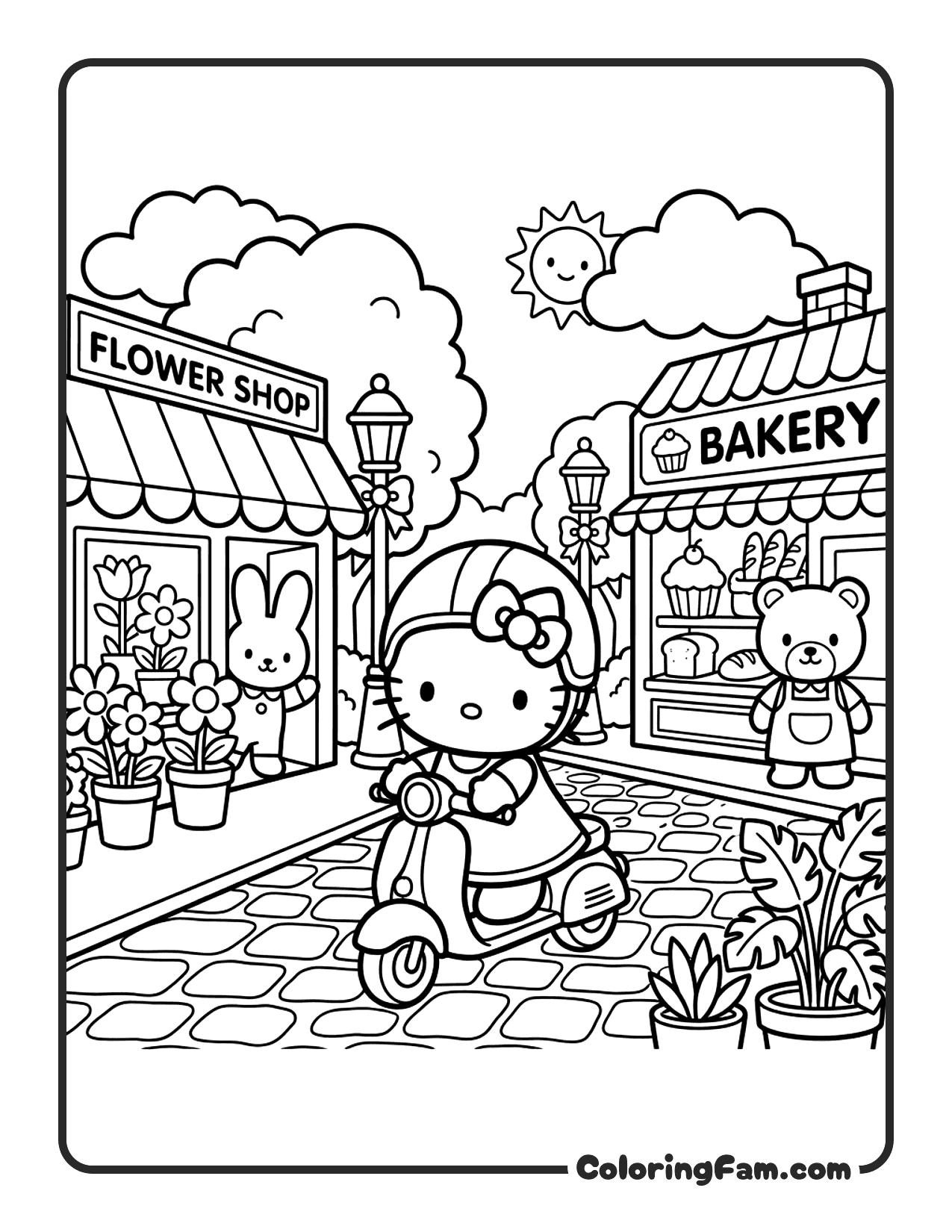 Hello Kitty Riding A Scooter Through A Town coloring page