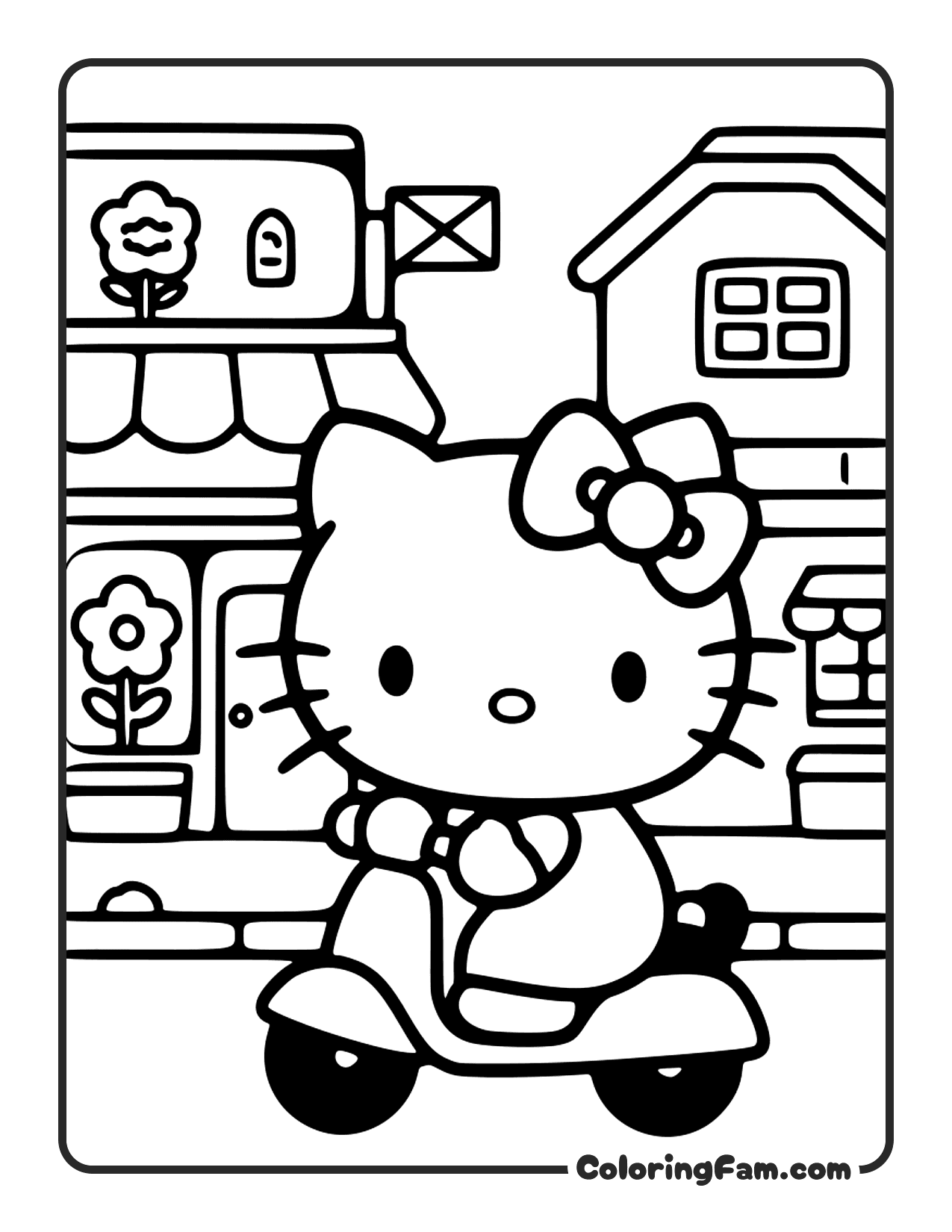 Hello Kitty Riding A Scooter Through A Town coloring page