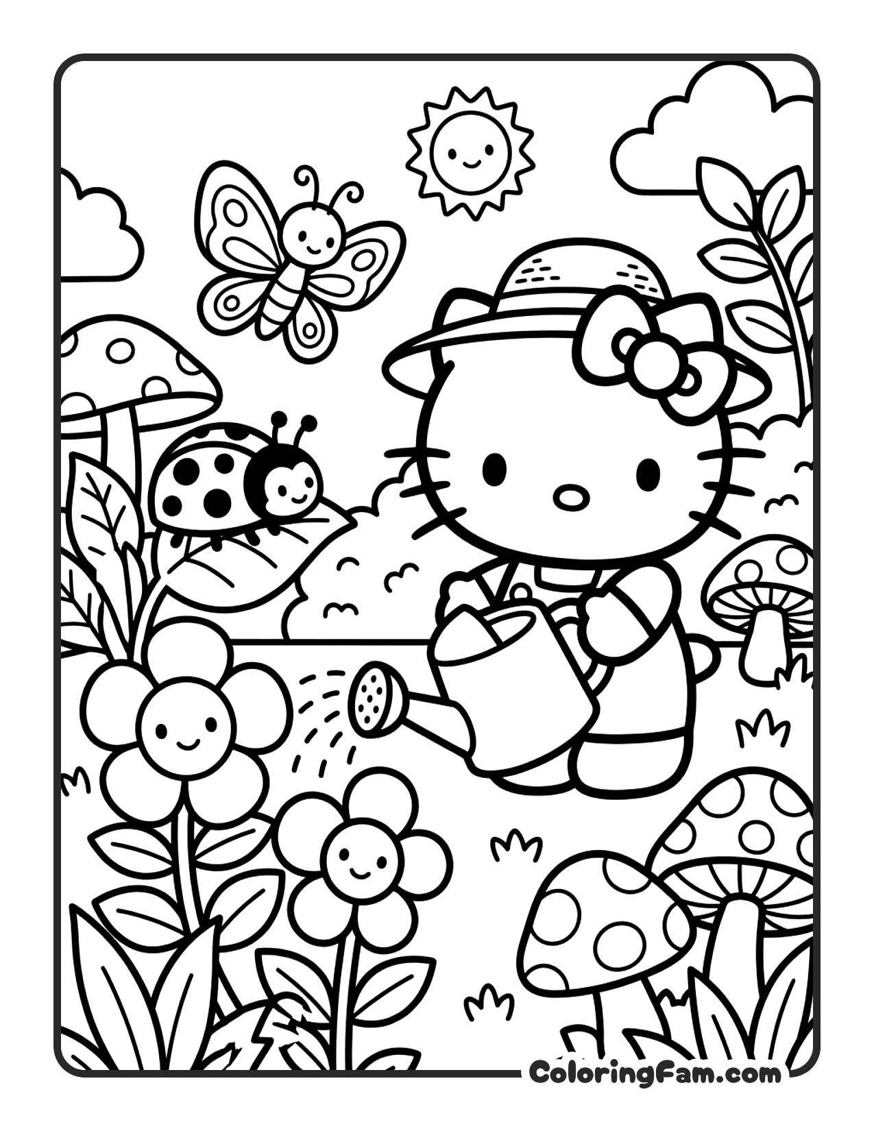 Hello Kitty Watering Flowers In A Garden coloring page