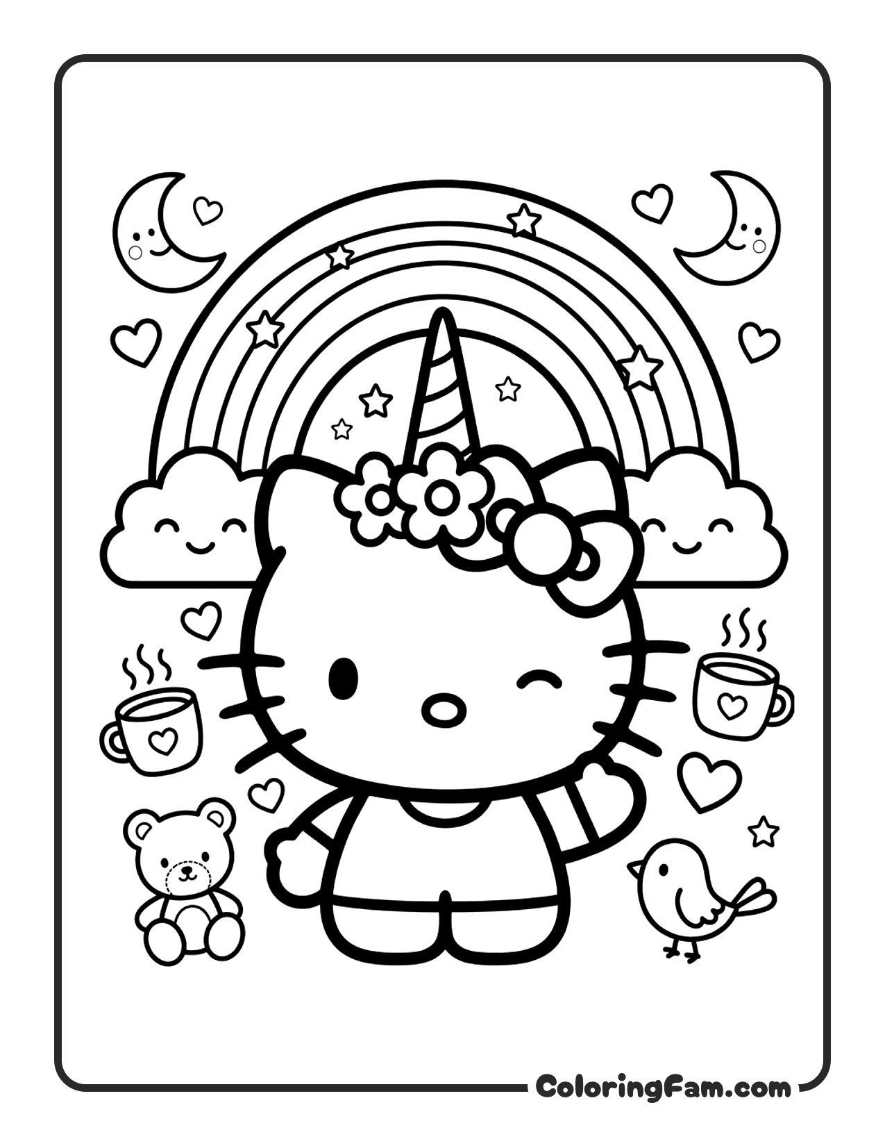 Hello Kitty Wearing A Unicorn Horn Headband coloring page