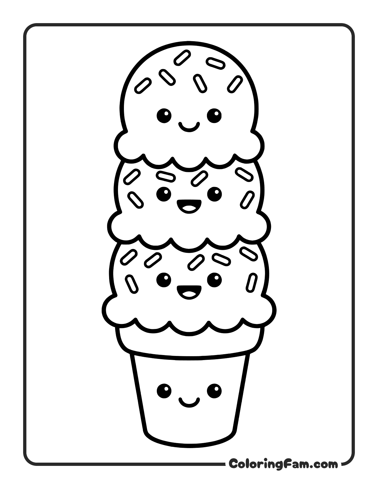 Triple Scoop Ice Cream Cone With Rainbow Sprinkles coloring page