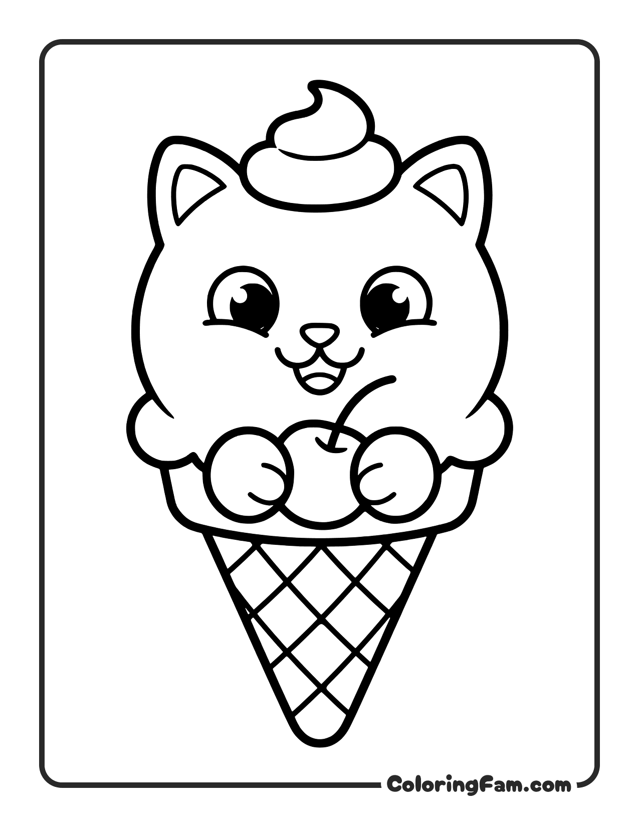 Cute Ice Cream Cat Character With A Happy Expression coloring page