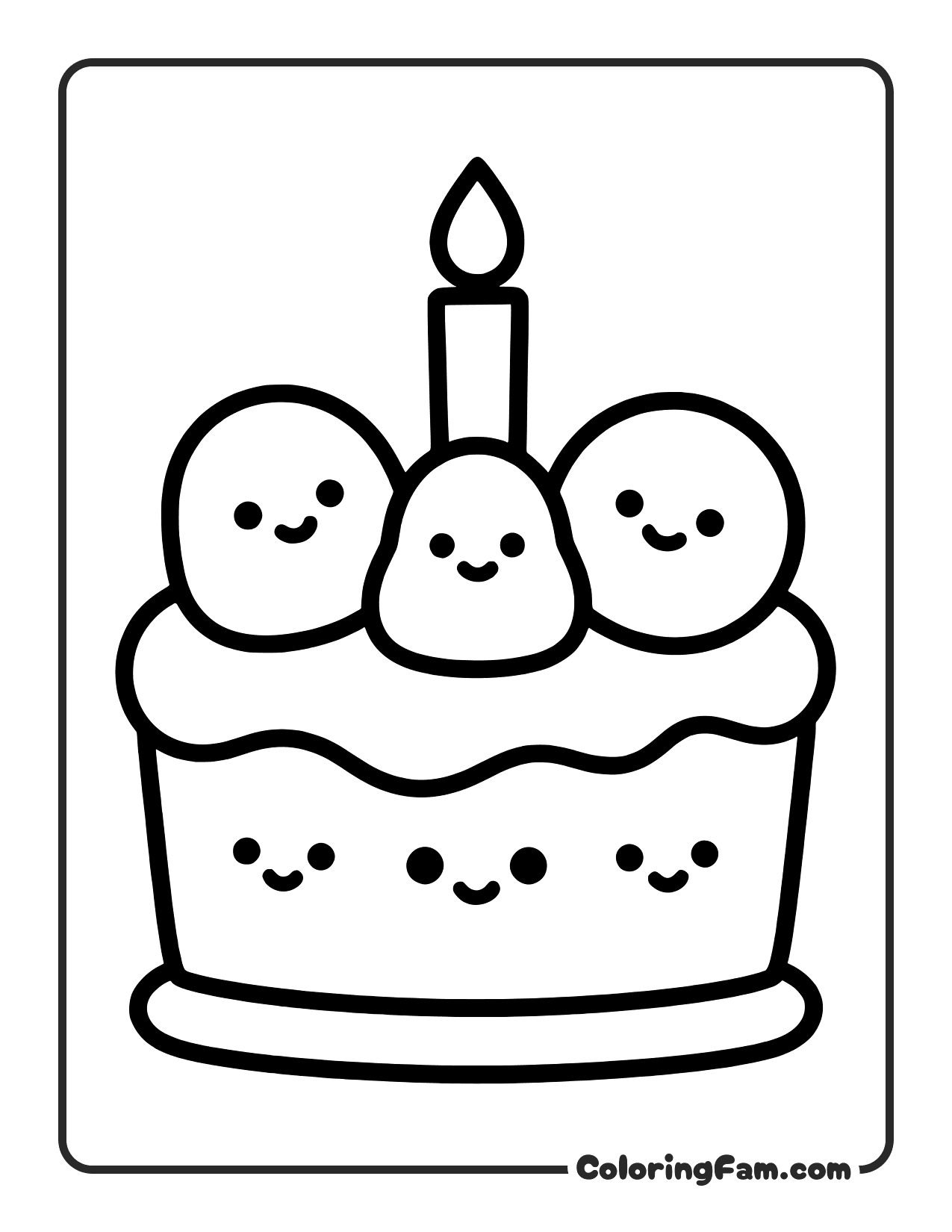 Cake With Candle And Faces coloring page