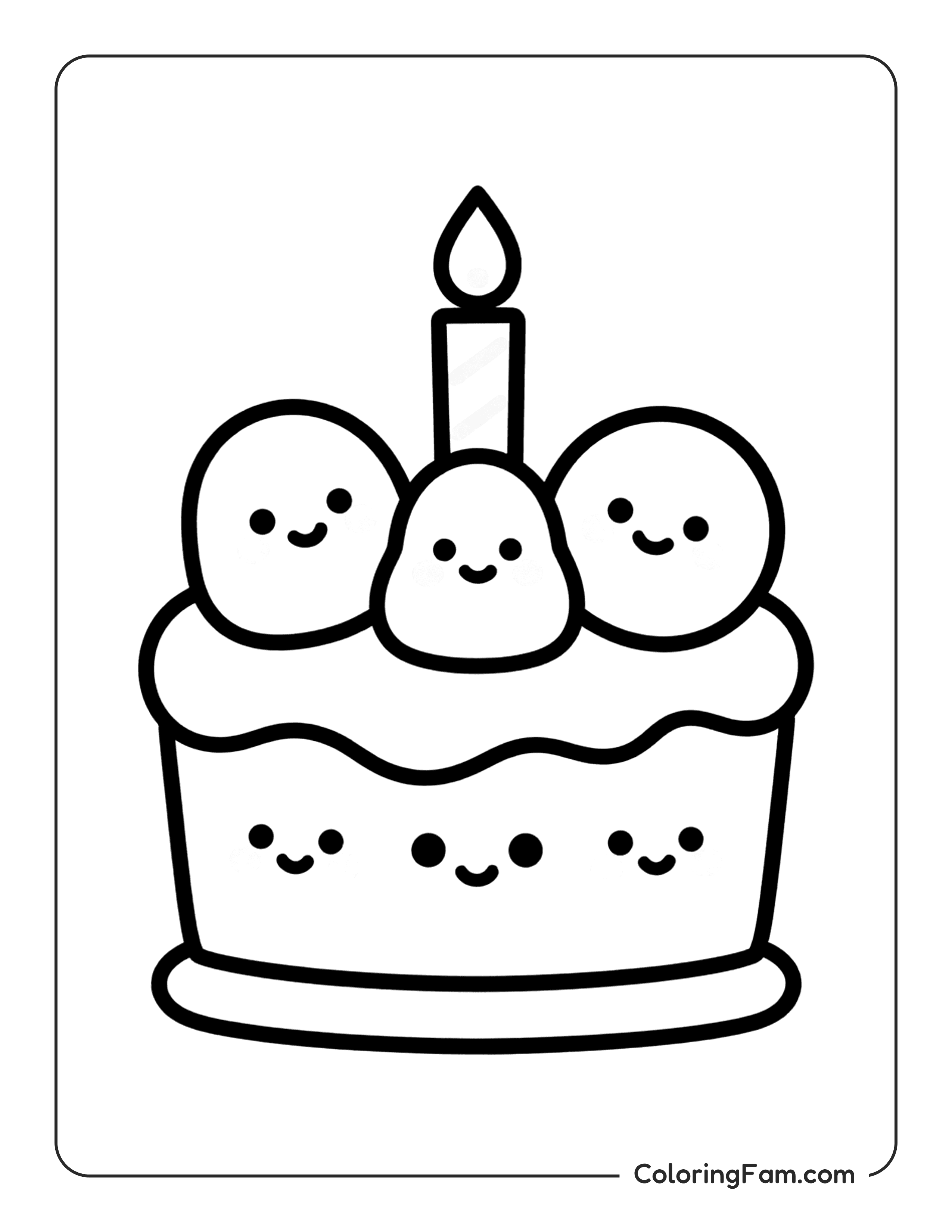 Cake With Candle And Faces coloring page