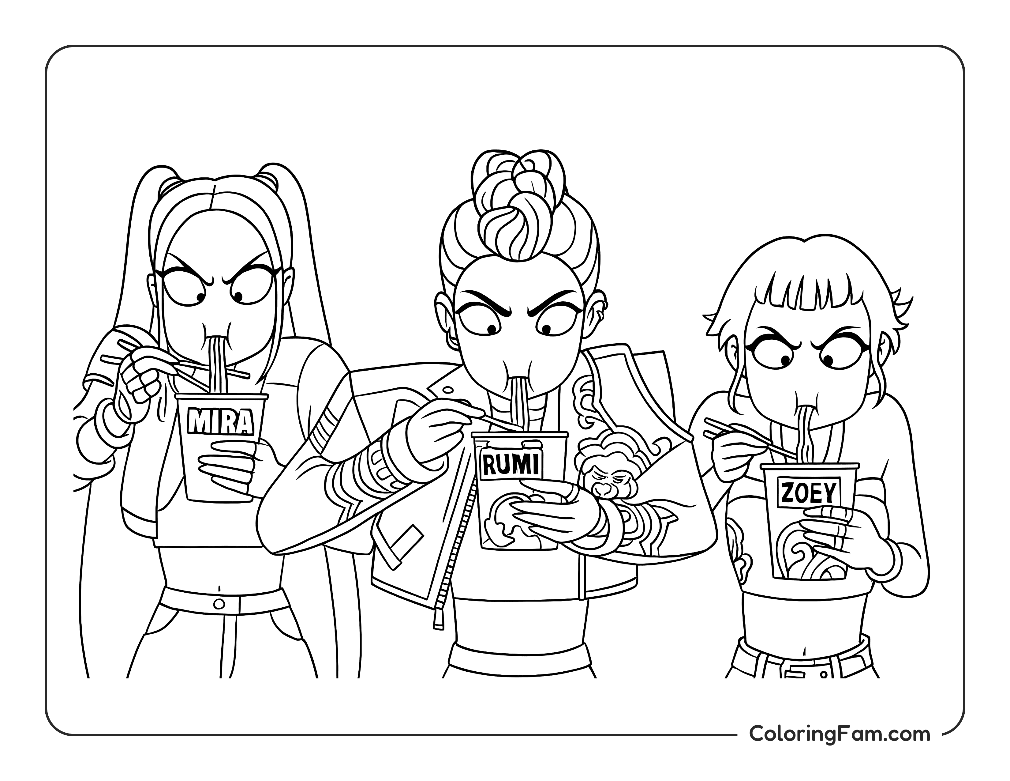 Kpop Demon Hunters trio devouring cup noodles coloring page