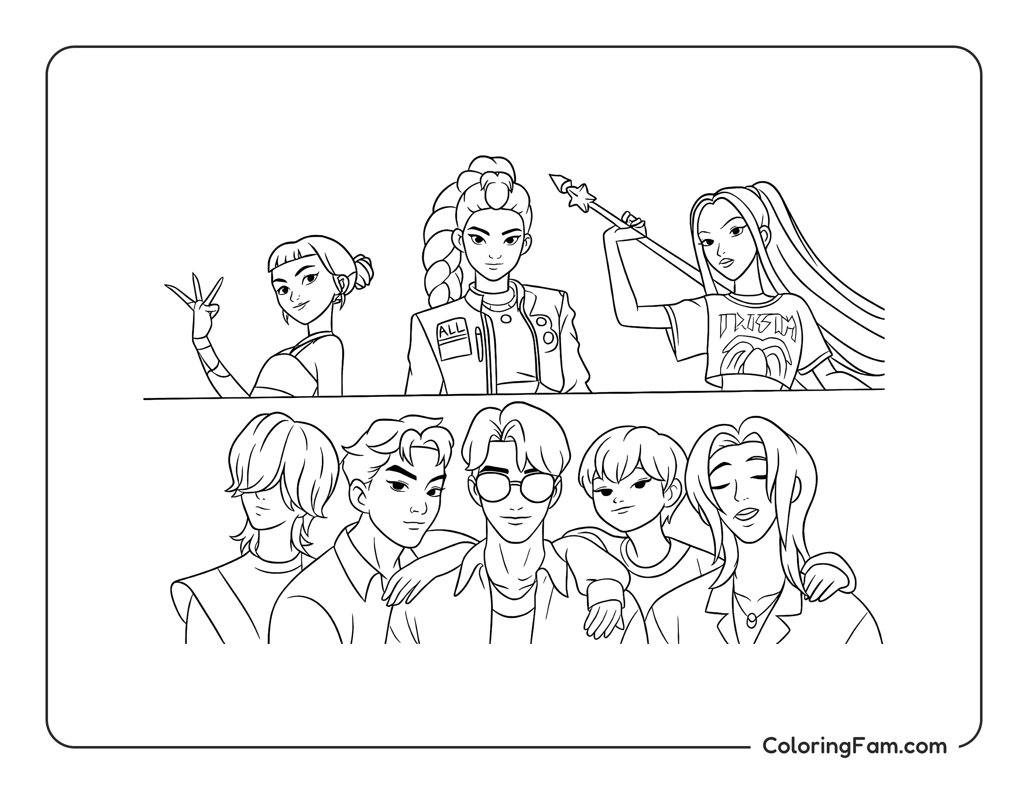 Kpop Demon Hunters Huntrix & Saja Boys group posing coloring page
