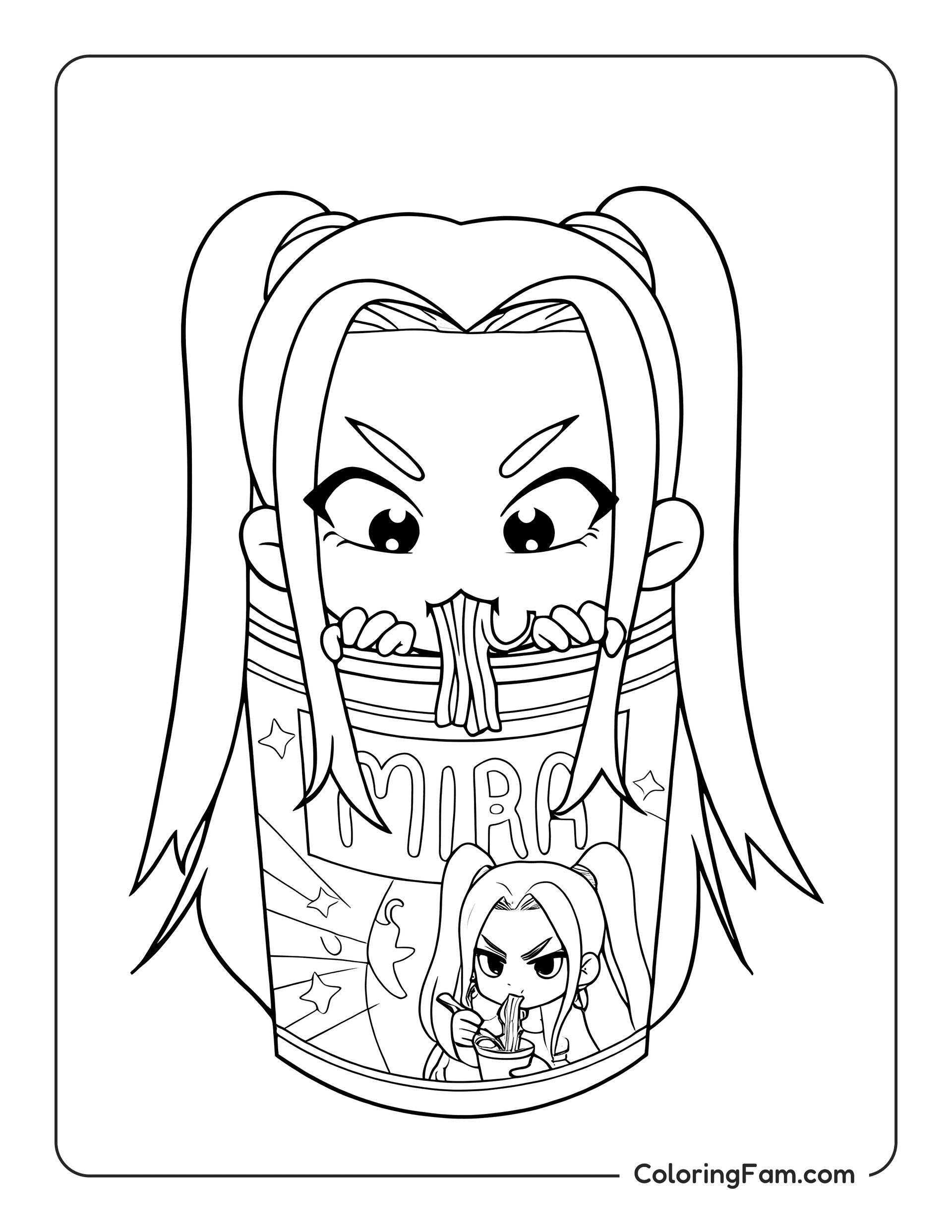 Kpop Demon Hunters Mira eating noodle cup chibi style coloring page