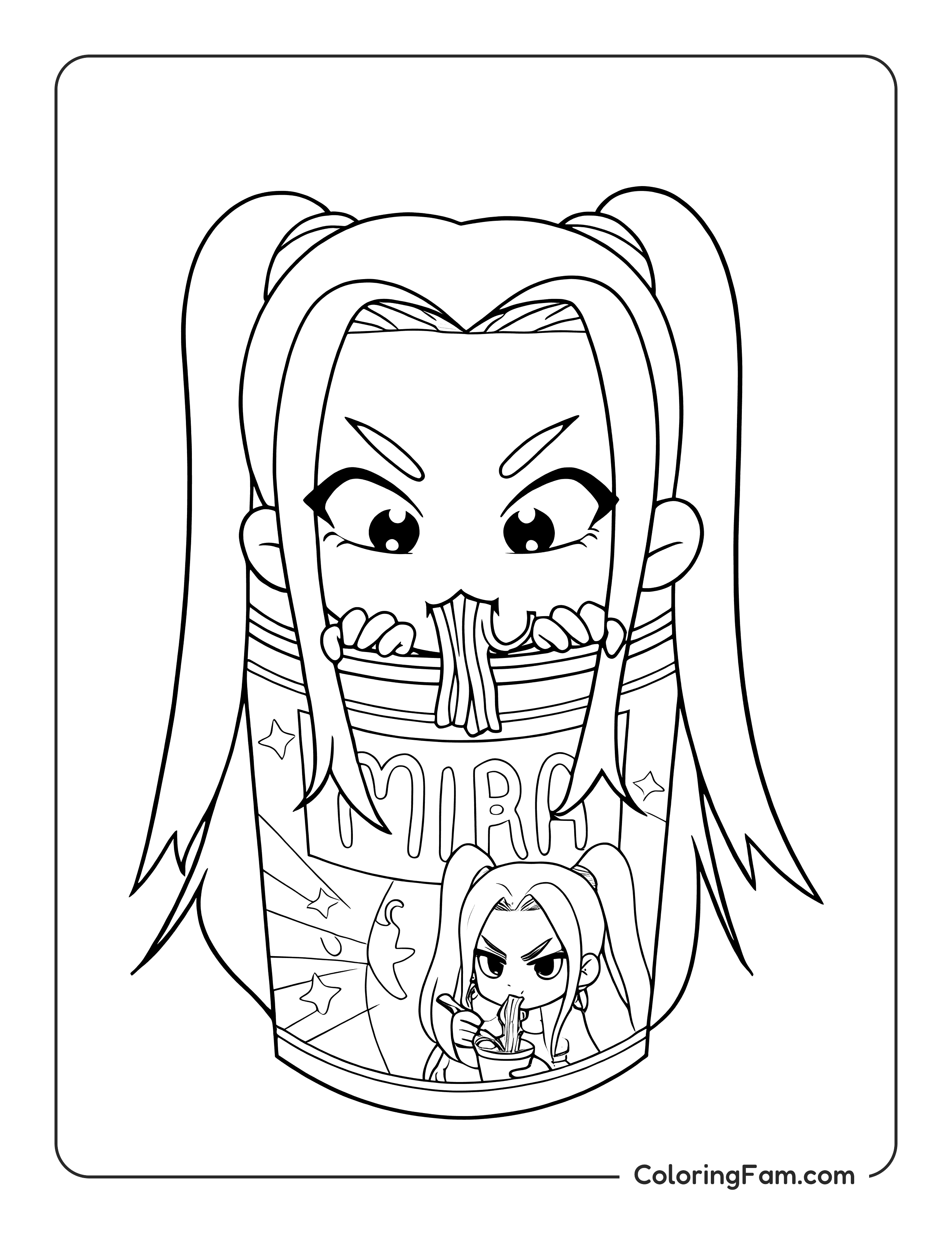Kpop Demon Hunters Mira eating noodle cup chibi style coloring page