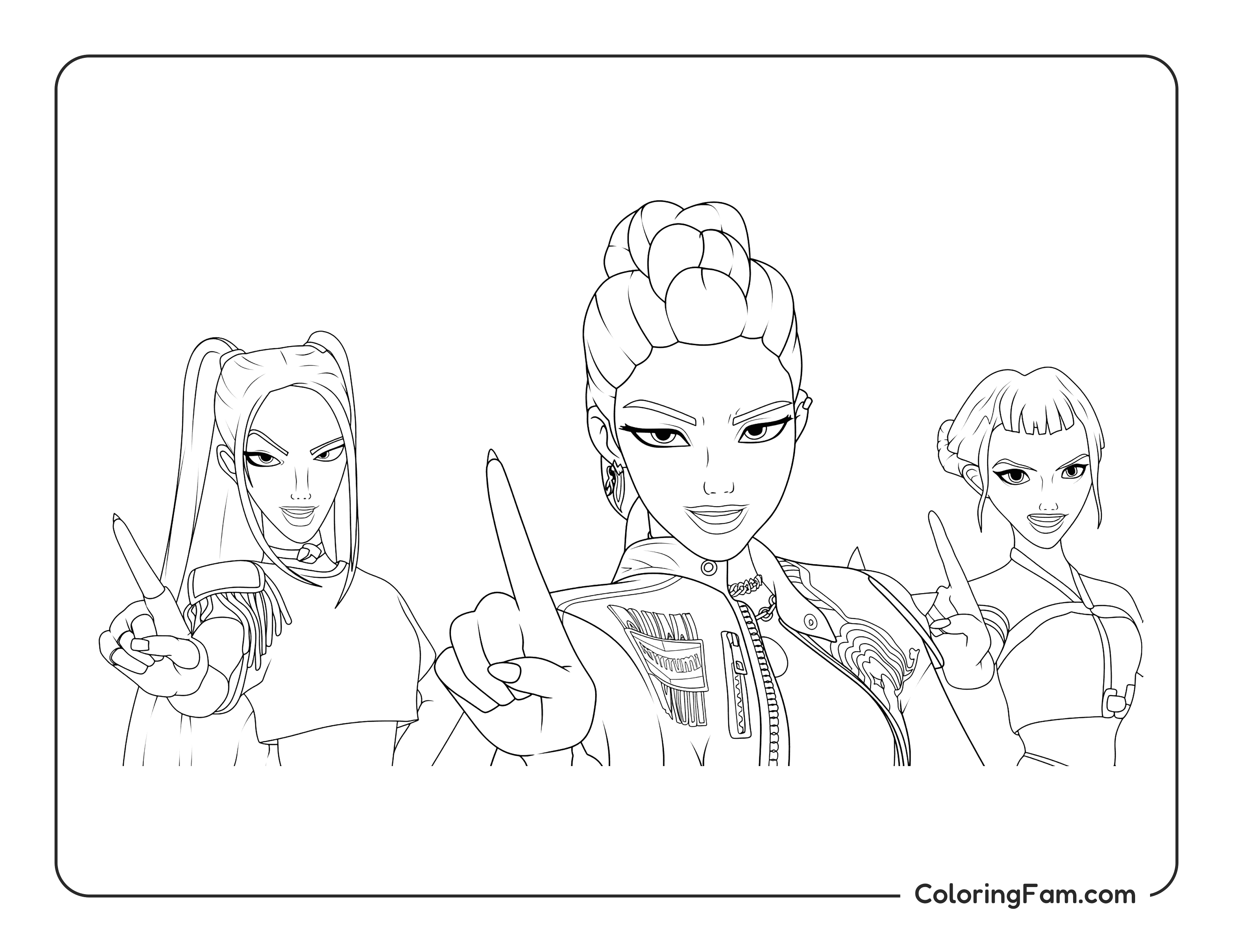 Kpop Demon Hunters trio performing on stage coloring page