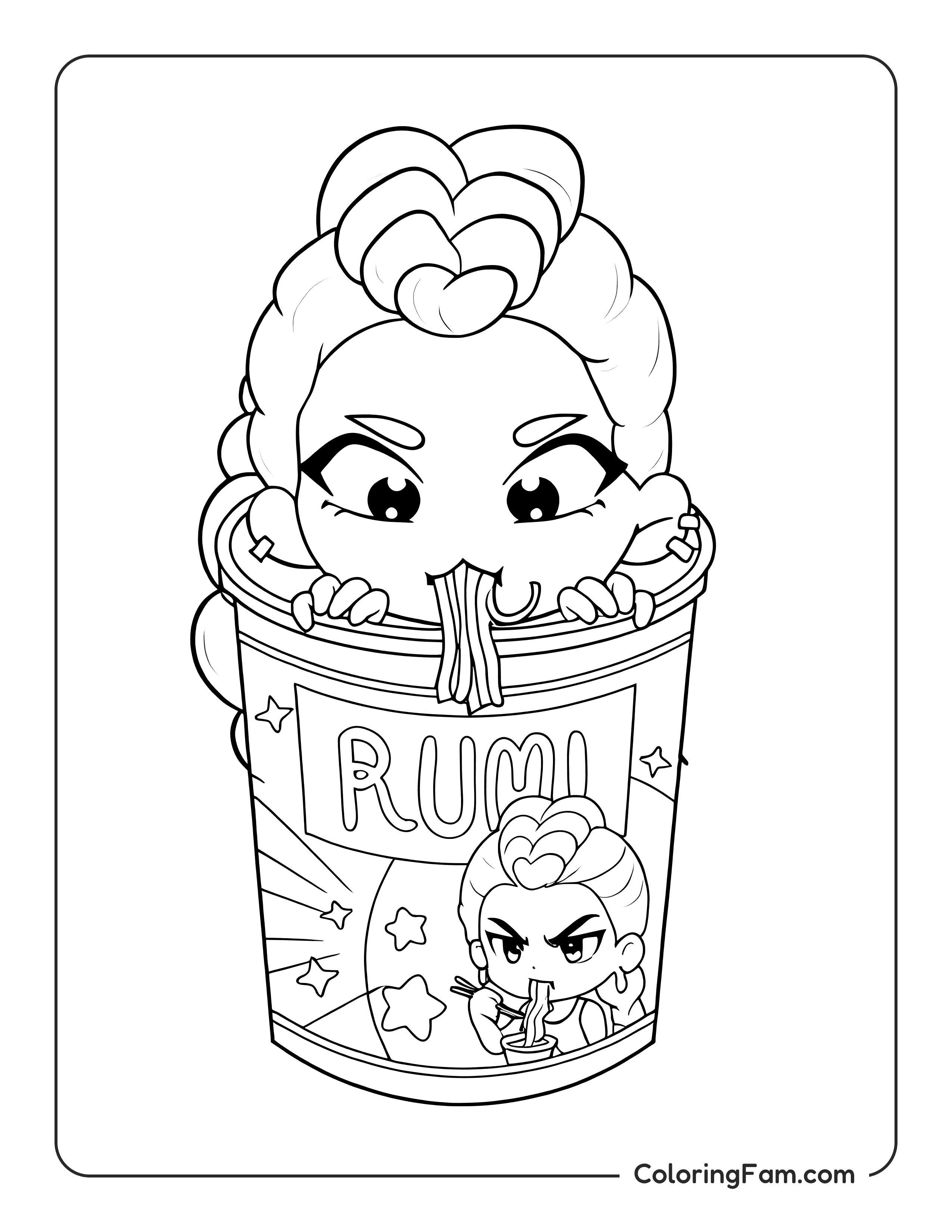 Kpop demon hunters Rumi eating noodle cup chibi coloring page