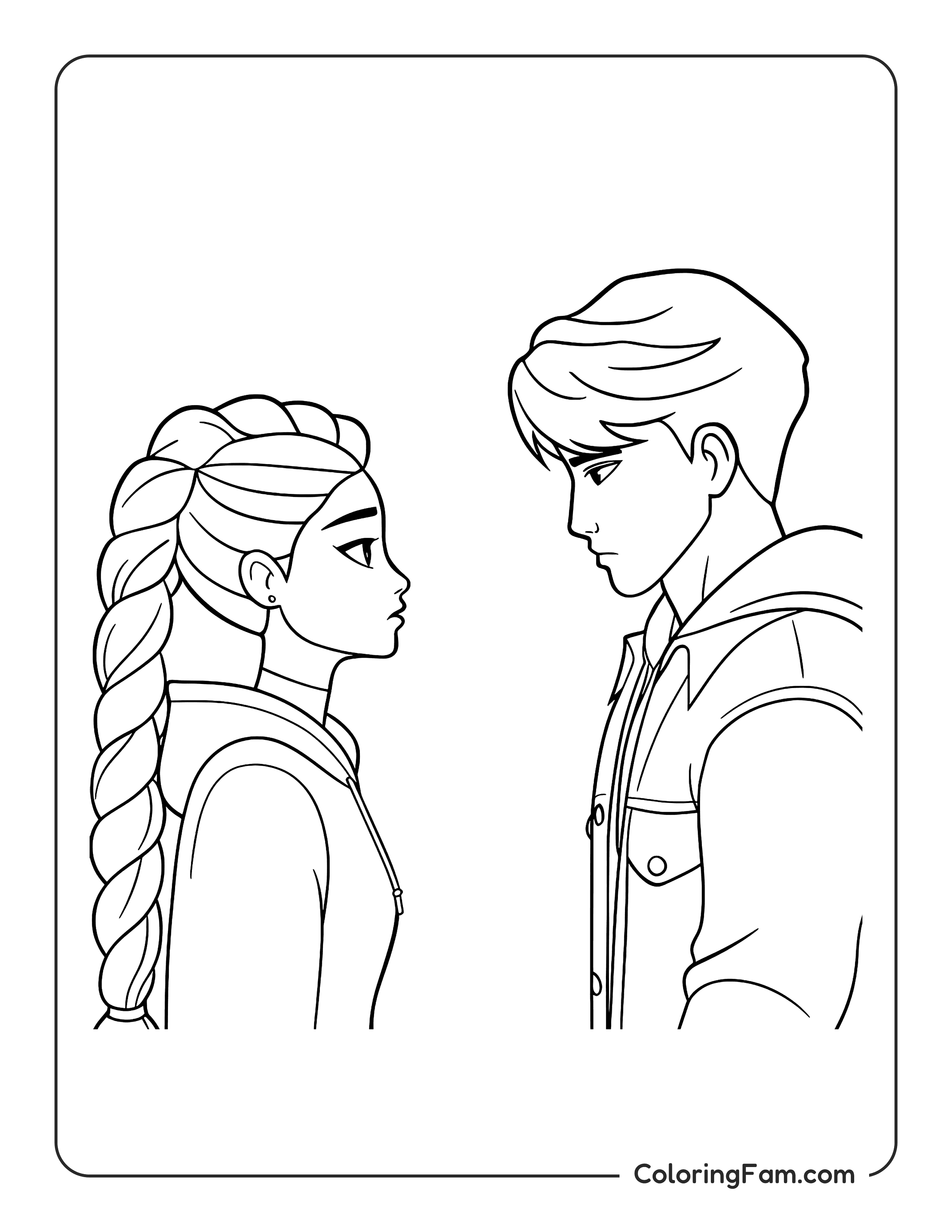 Kpop Demon Hunters Rumi Jinu staring at each other coloring page