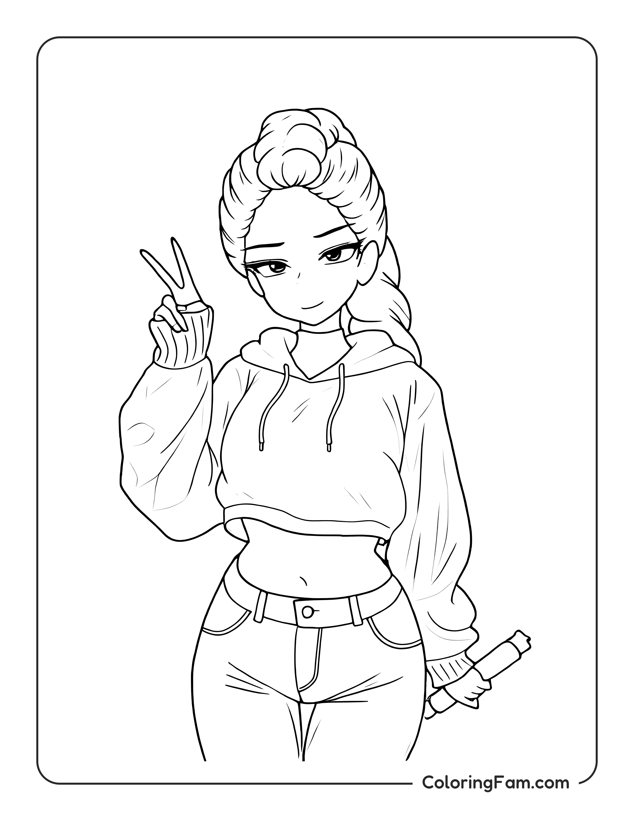 Kpop Demon Hunters Rumi posing with peace sign coloring page