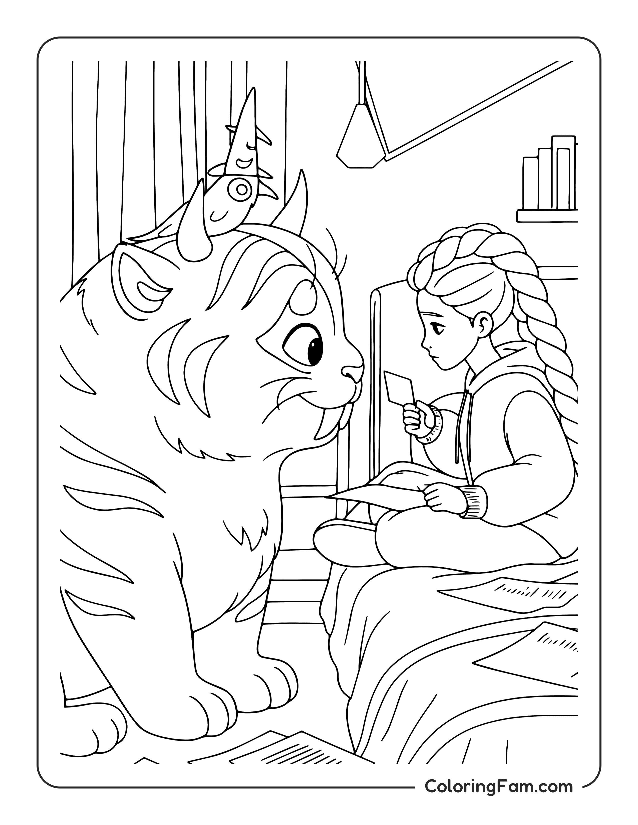 Kpop Demon Hunters Rumi talking to Derpy the tiger coloring page
