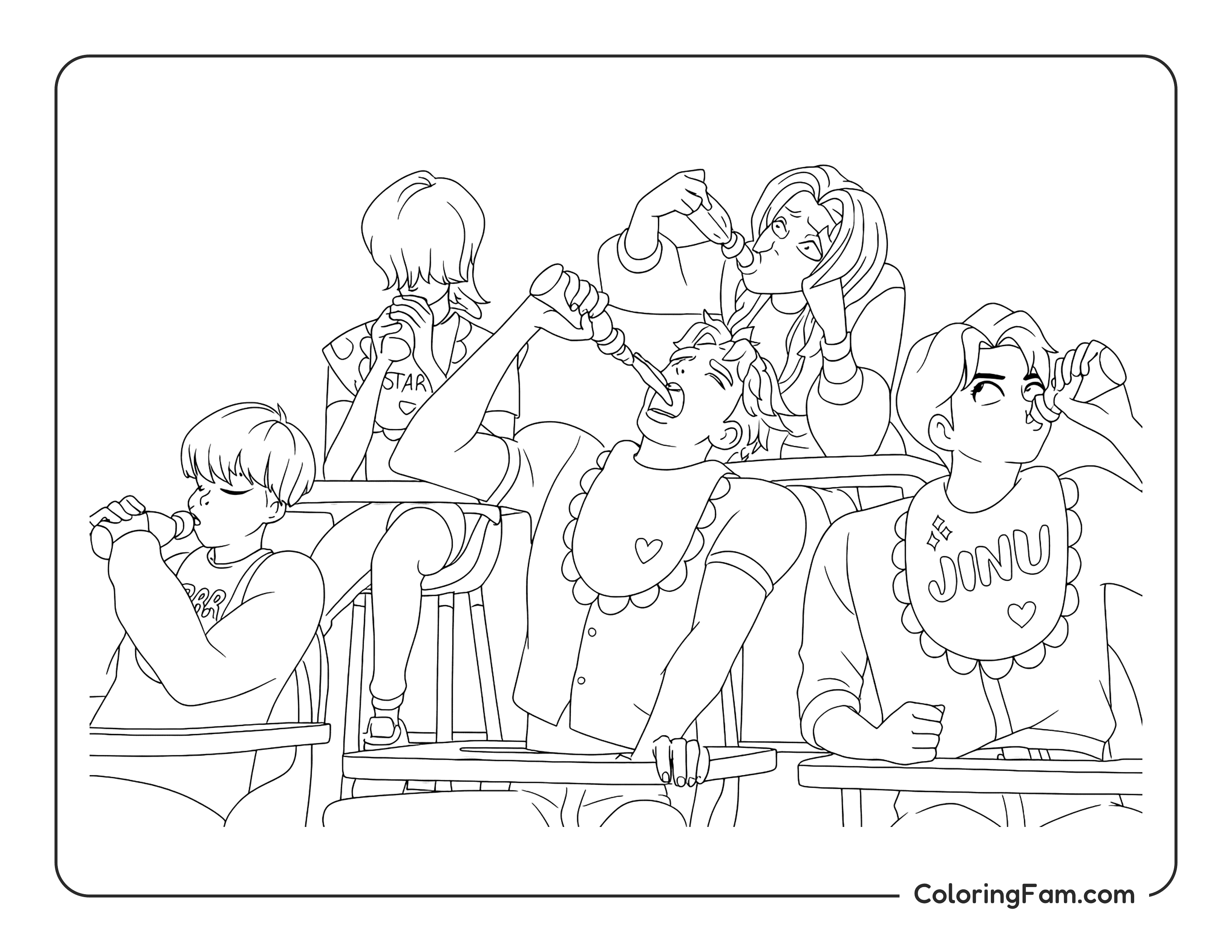 Kpop Demon Hunters Saja Boys having a hot sauce challenge coloring page