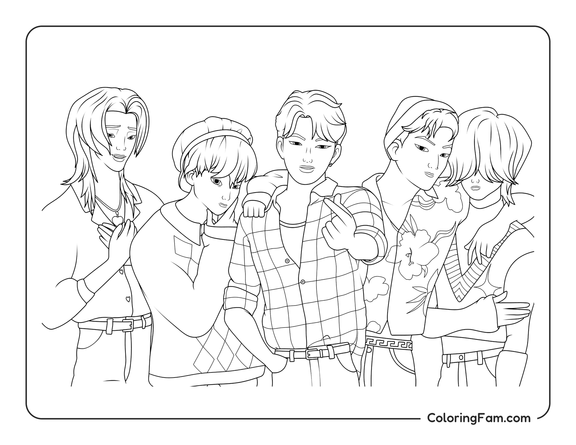 Kpop Demon Hunters Saja Boys posing with finger heart coloring page