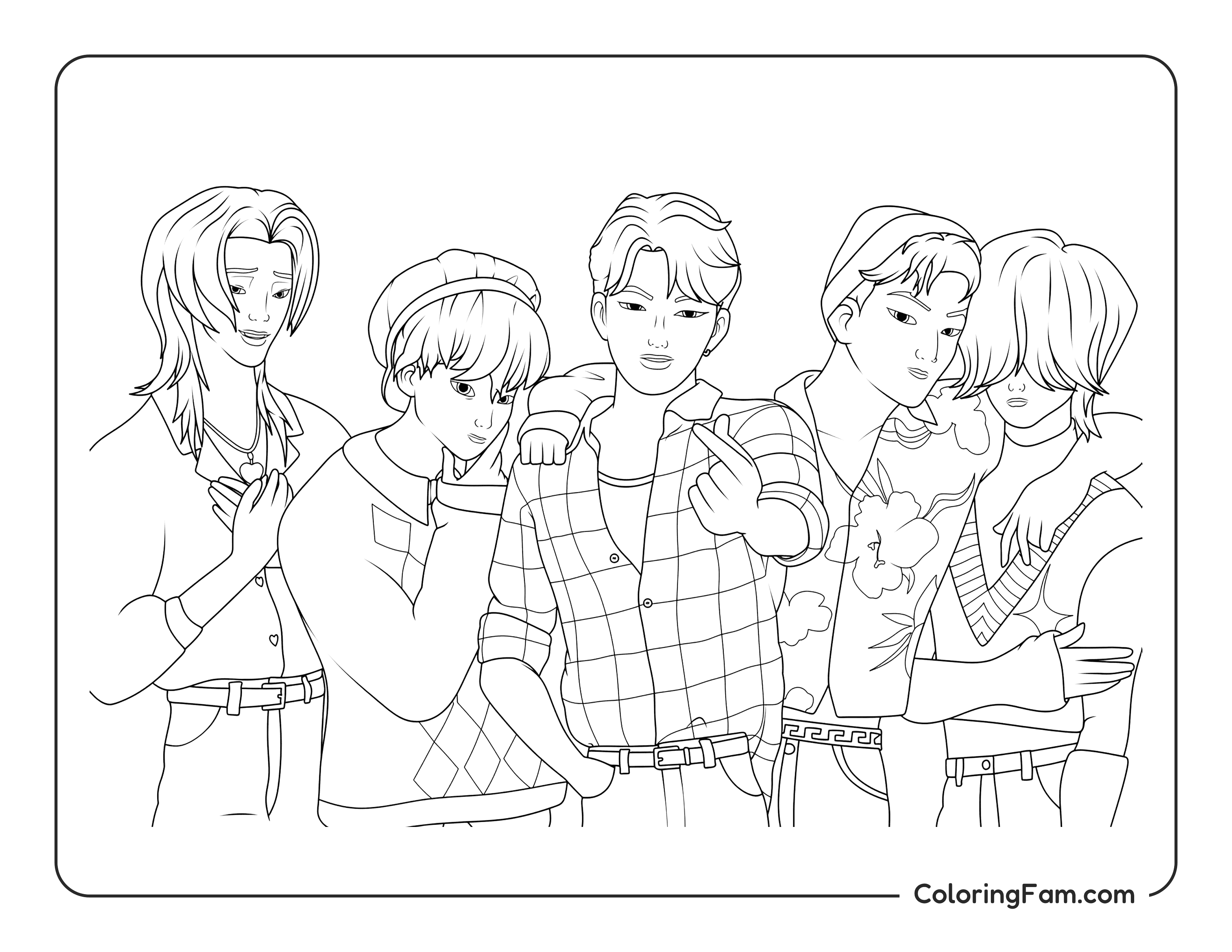 Kpop Demon Hunters Saja Boys posing with finger heart coloring page