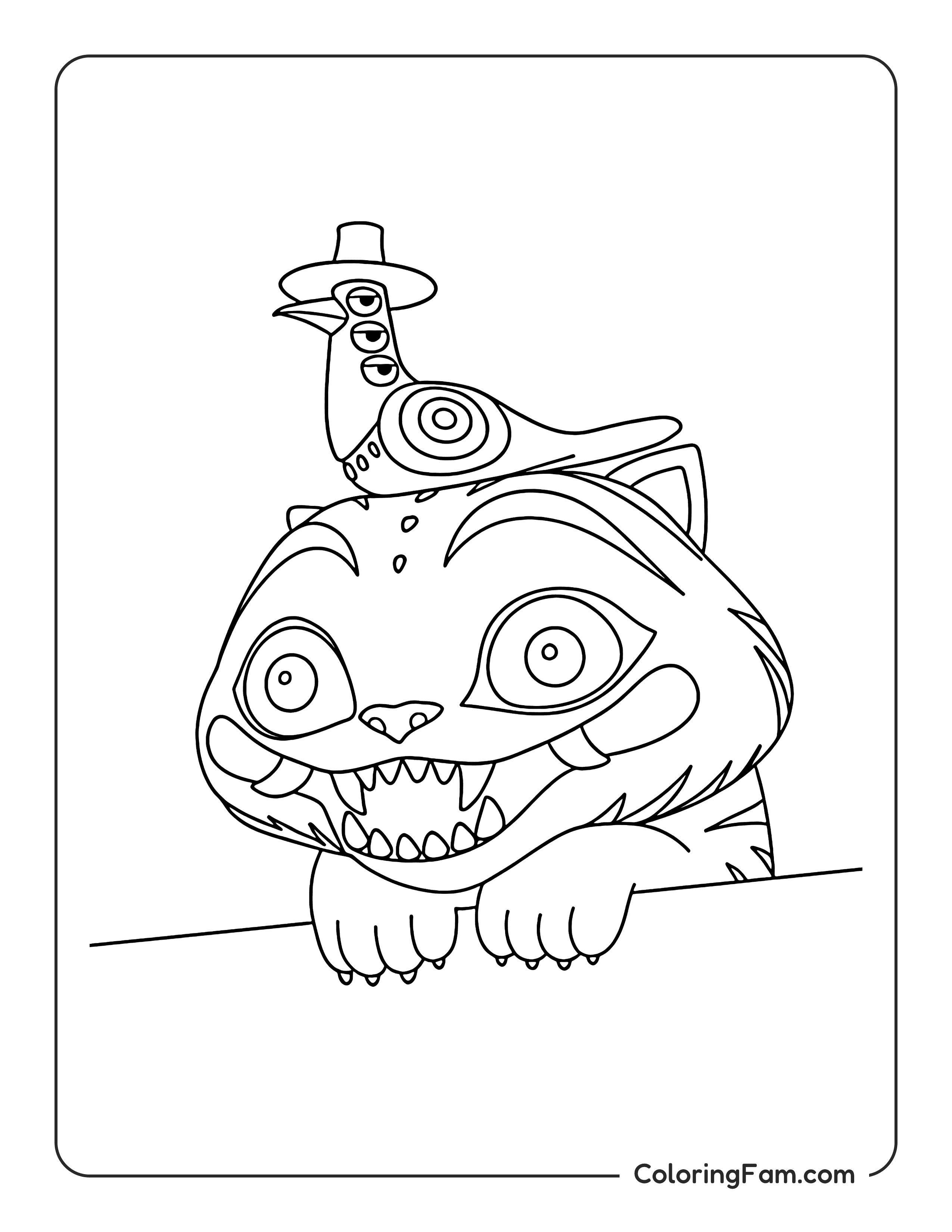 Kpop Demon Hunters Sussie the magpie riding Derpy the tiger coloring page