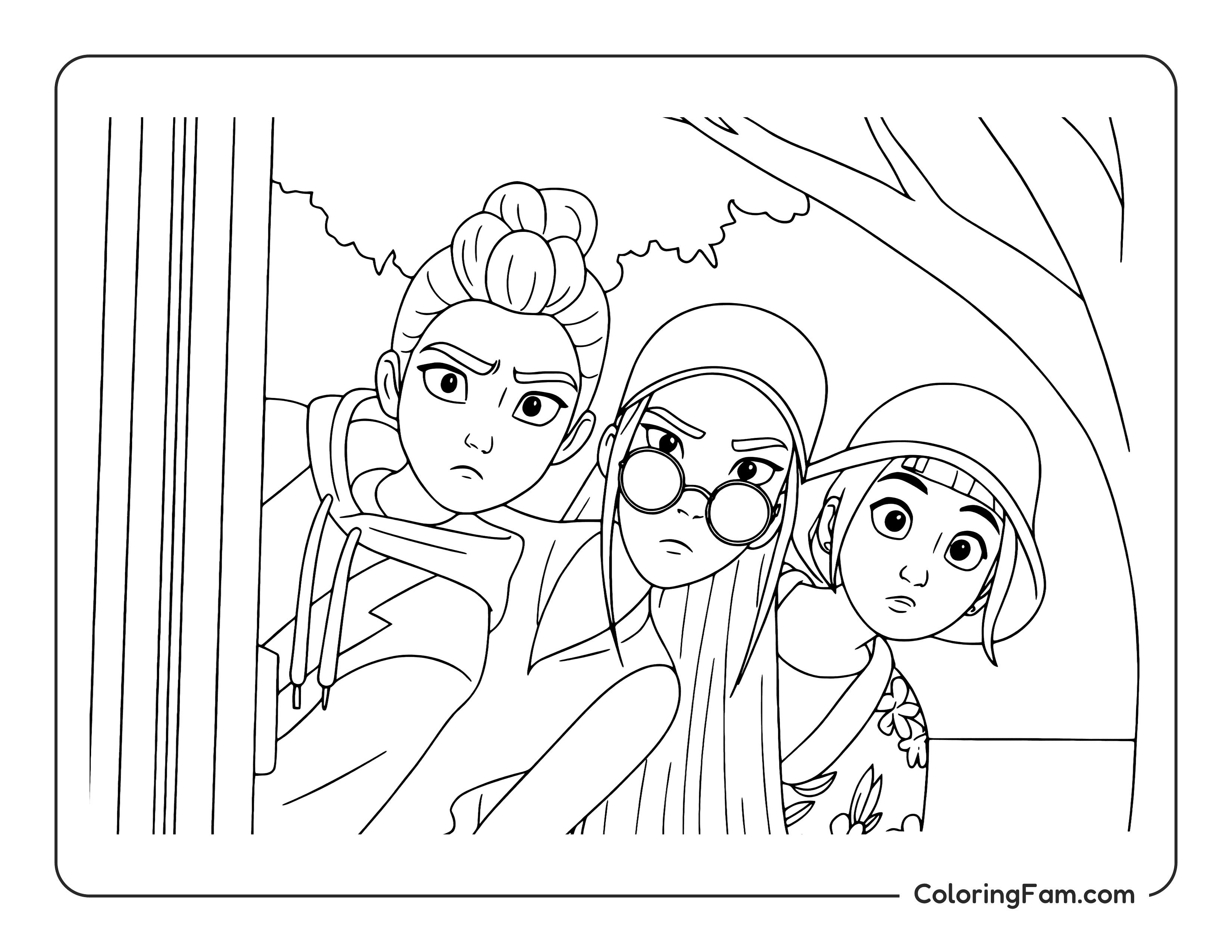 Kpop demon hunters trio peeking out coloring page