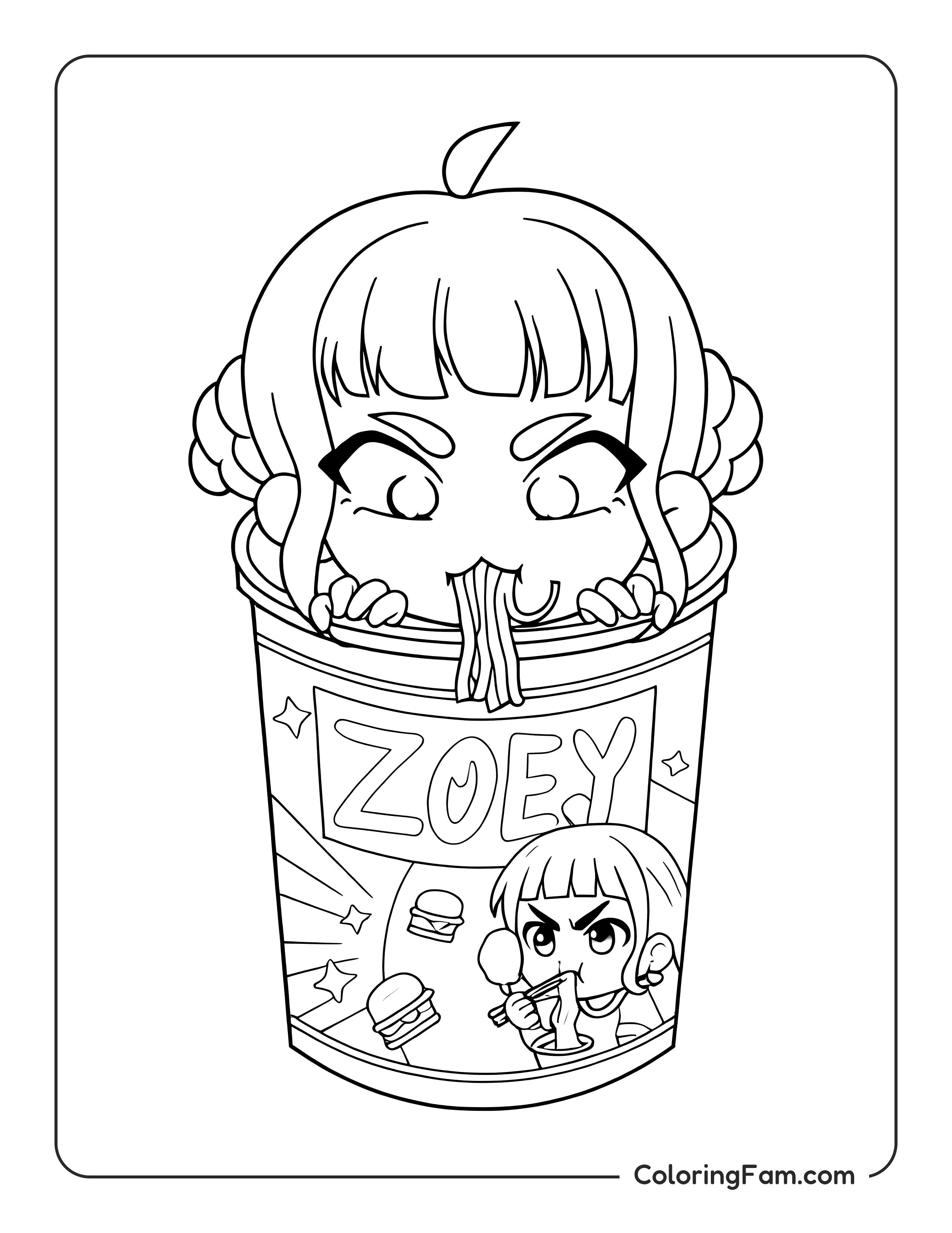 Kpop Demon Hunters Zoey eating noodle cup chibi coloring page