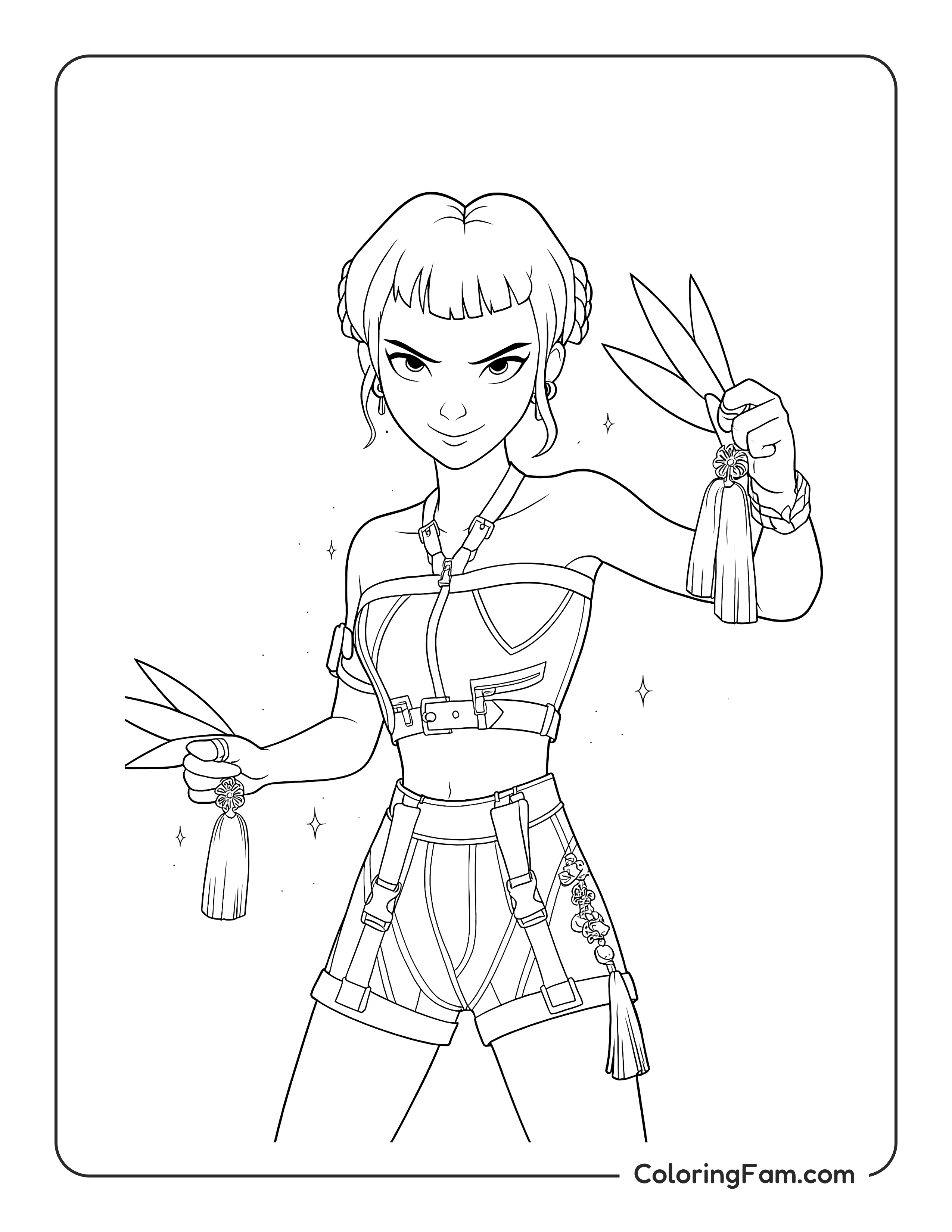 Kpop Demon Hunters Zoey striking a fighting pose coloring page