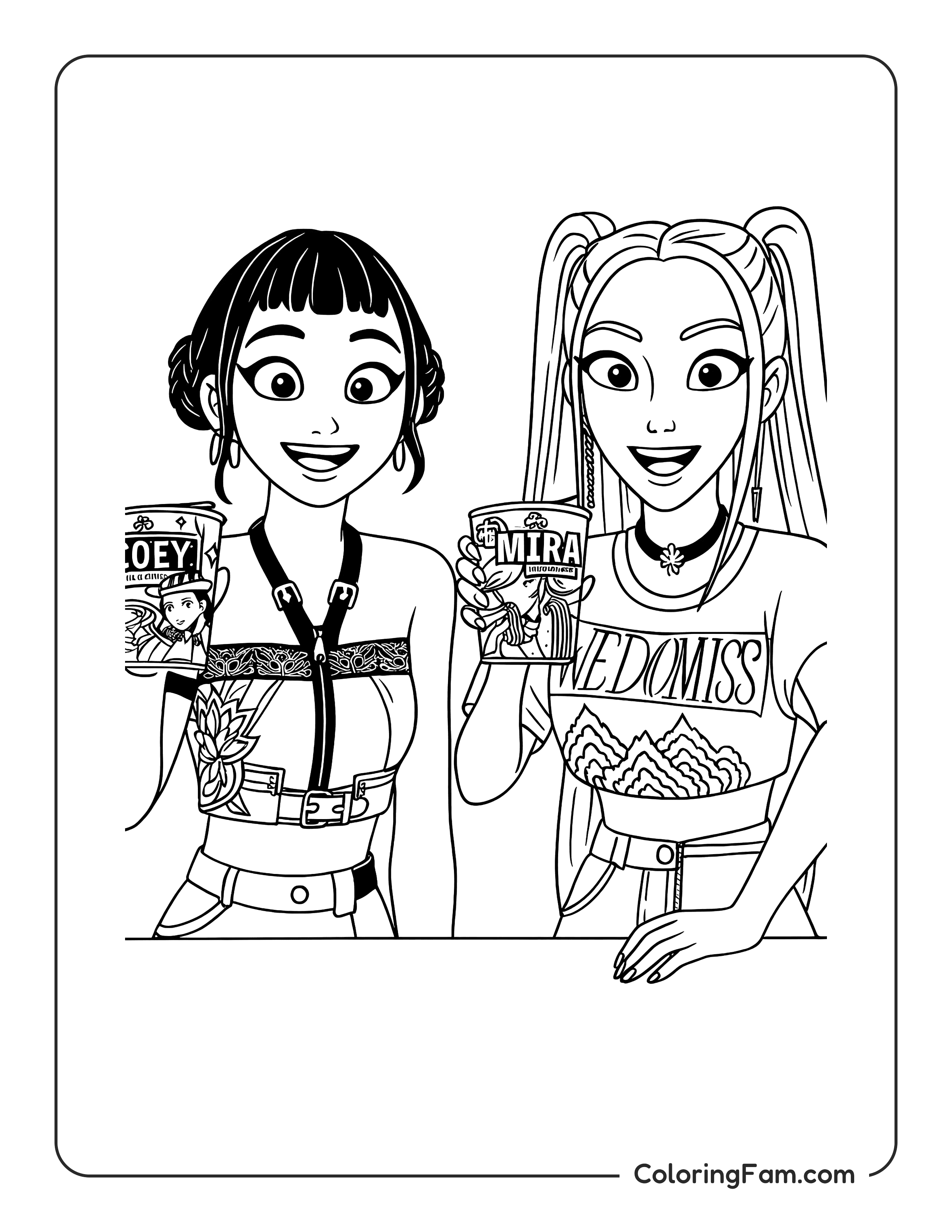 Kpop Demon Hunters Mira and Zoey holding noodle cups coloring page