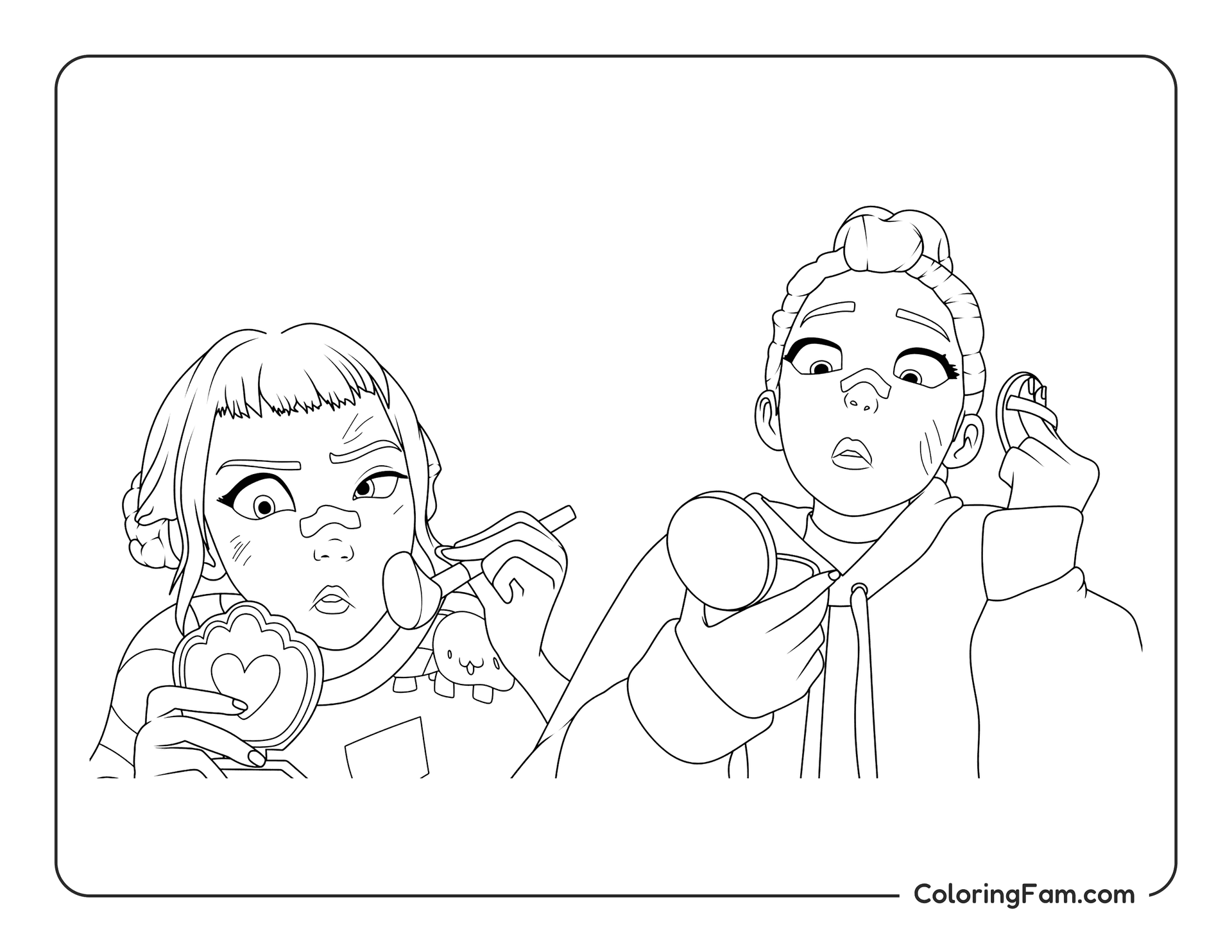 Kpop Demon Hunters Zoey and Rumi putting on makeup coloring page