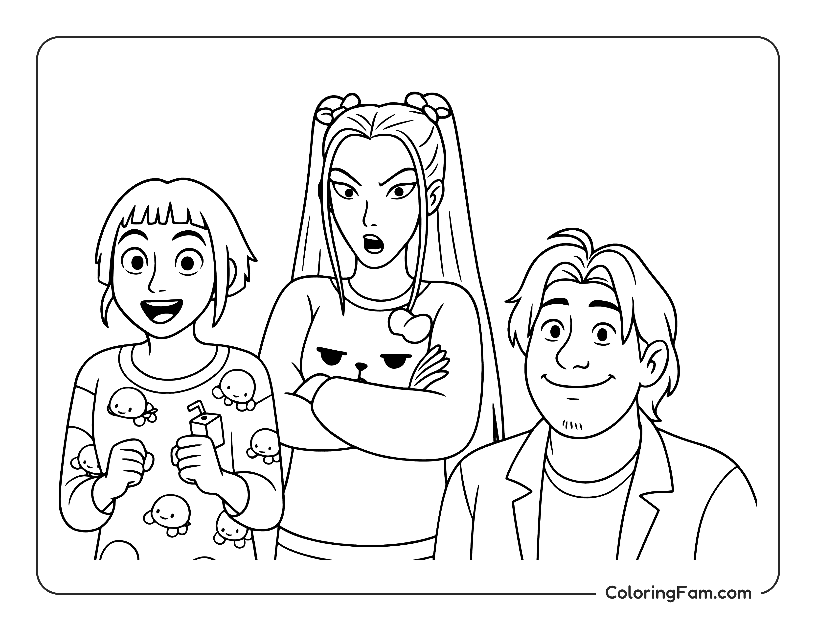 Kpop Demon Hunters Rumi, Mira, and Bobby looking happy coloring page